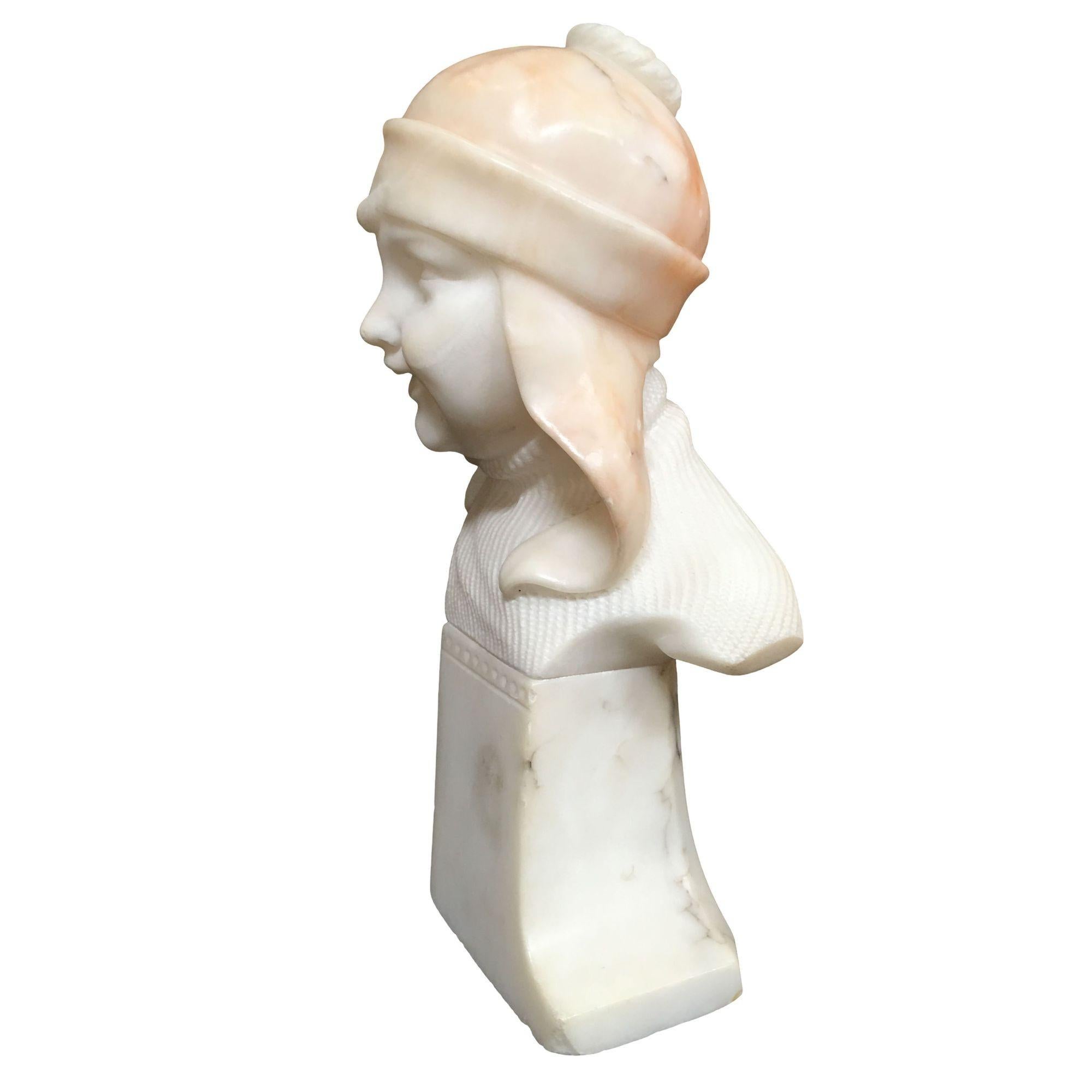 Hand Carved Boy and Girl Alabaster Bust Set In Excellent Condition For Sale In Van Nuys, CA