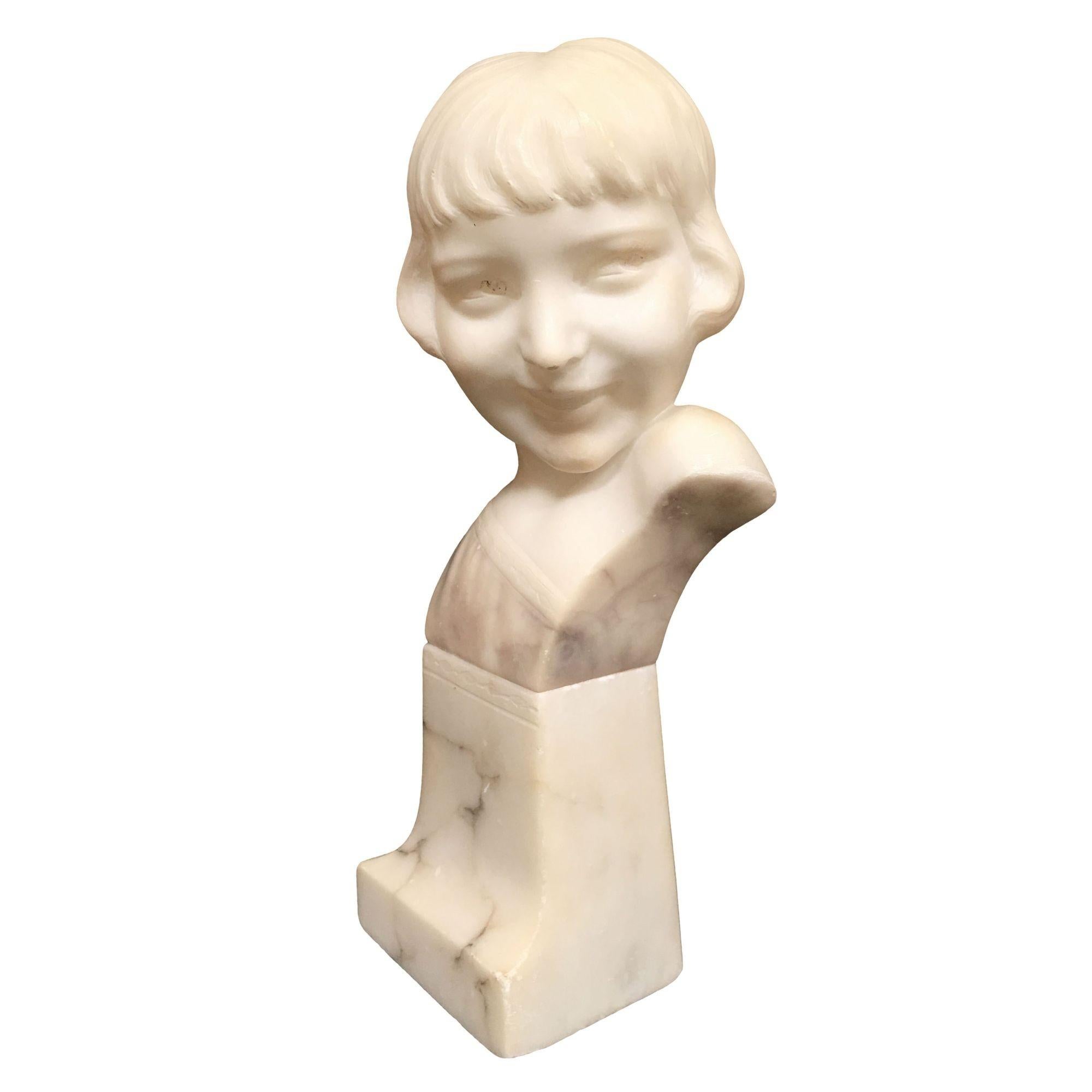 Hand Carved Boy and Girl Alabaster Bust Set For Sale 3