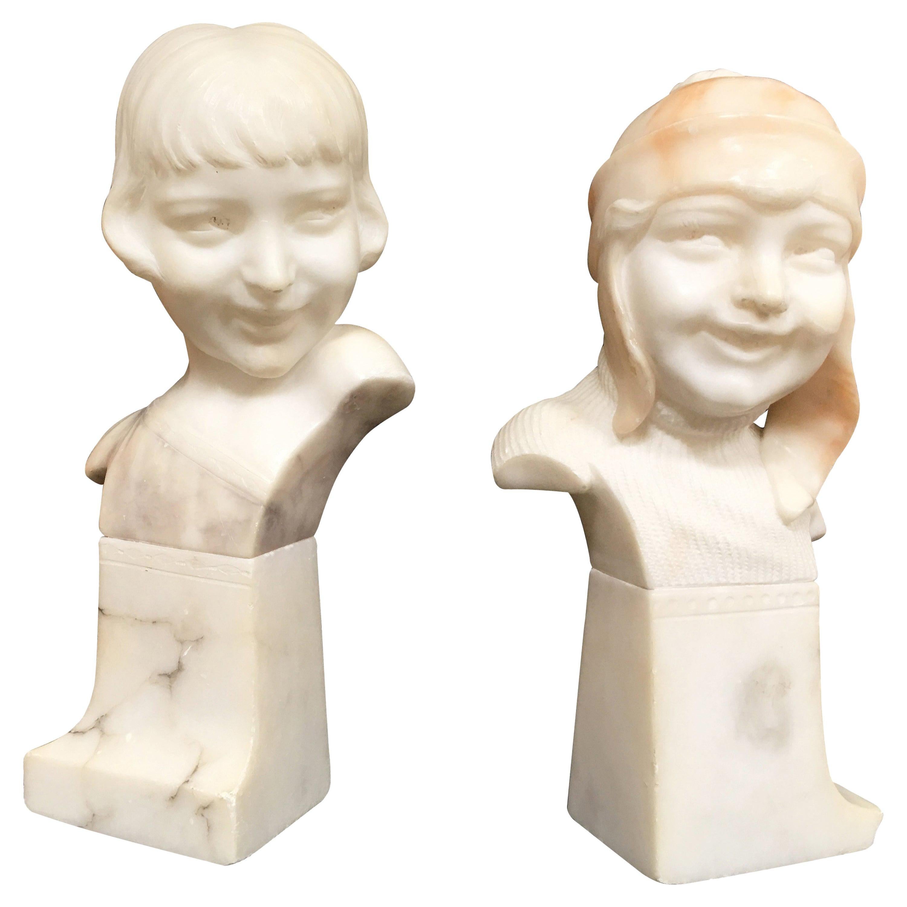 Hand Carved Boy and Girl Alabaster Bust Set