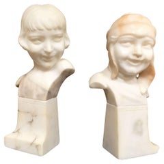 Used Hand Carved Boy and Girl Alabaster Bust Set