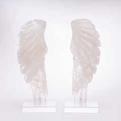 Hand Carved Brazilian Wings White Quartz Sculpture on Custom Acrylic Stand