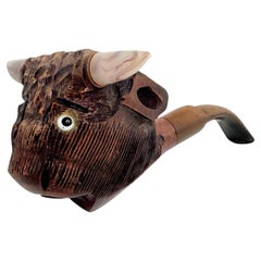 Hand Carved Briar Wood Bull Head Bison Estate Pipe, vintage Bruyere