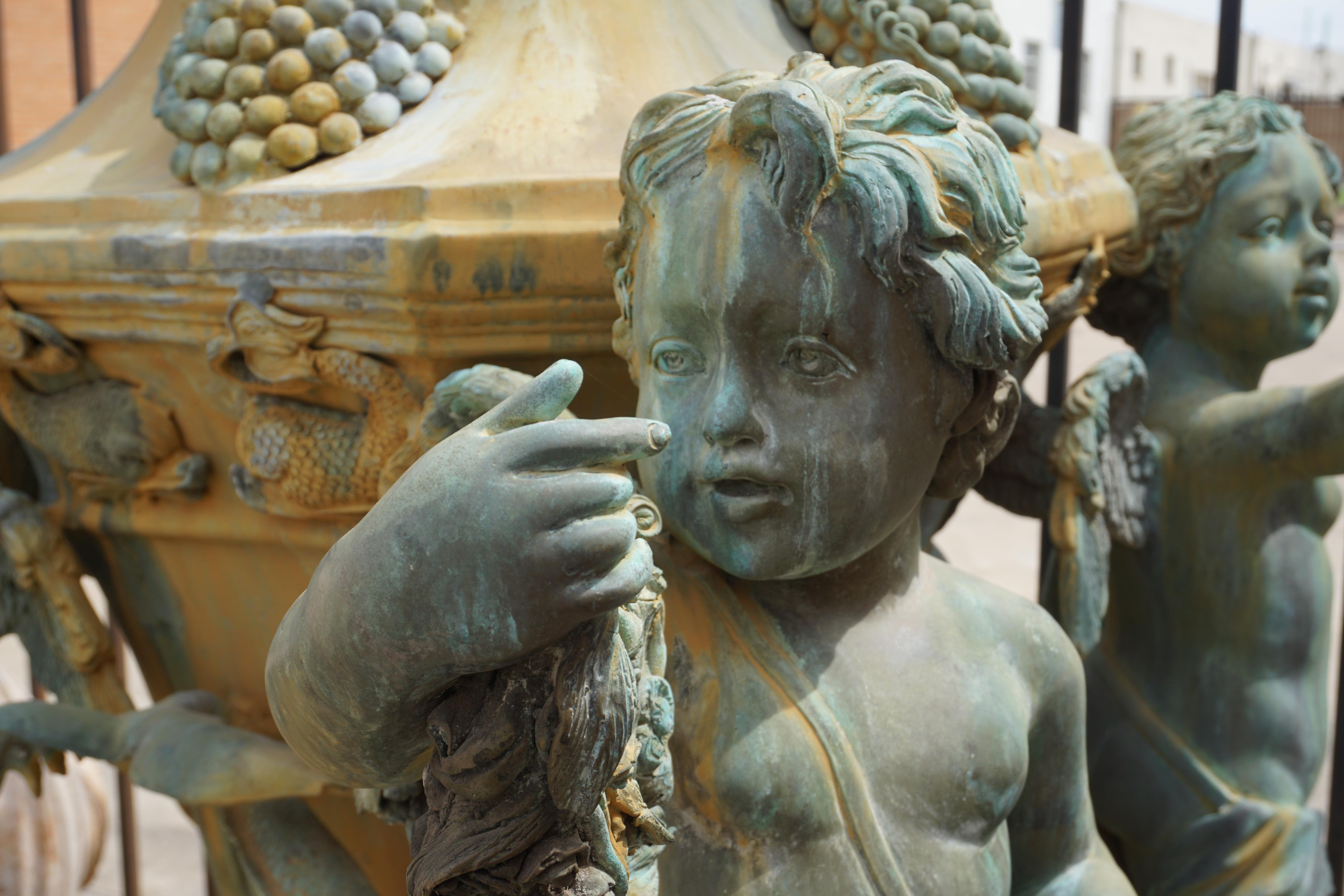 This fountain is hand carved bronze and originates from France, circa the early 1900s. Previously owned by a prominent Dallas family.