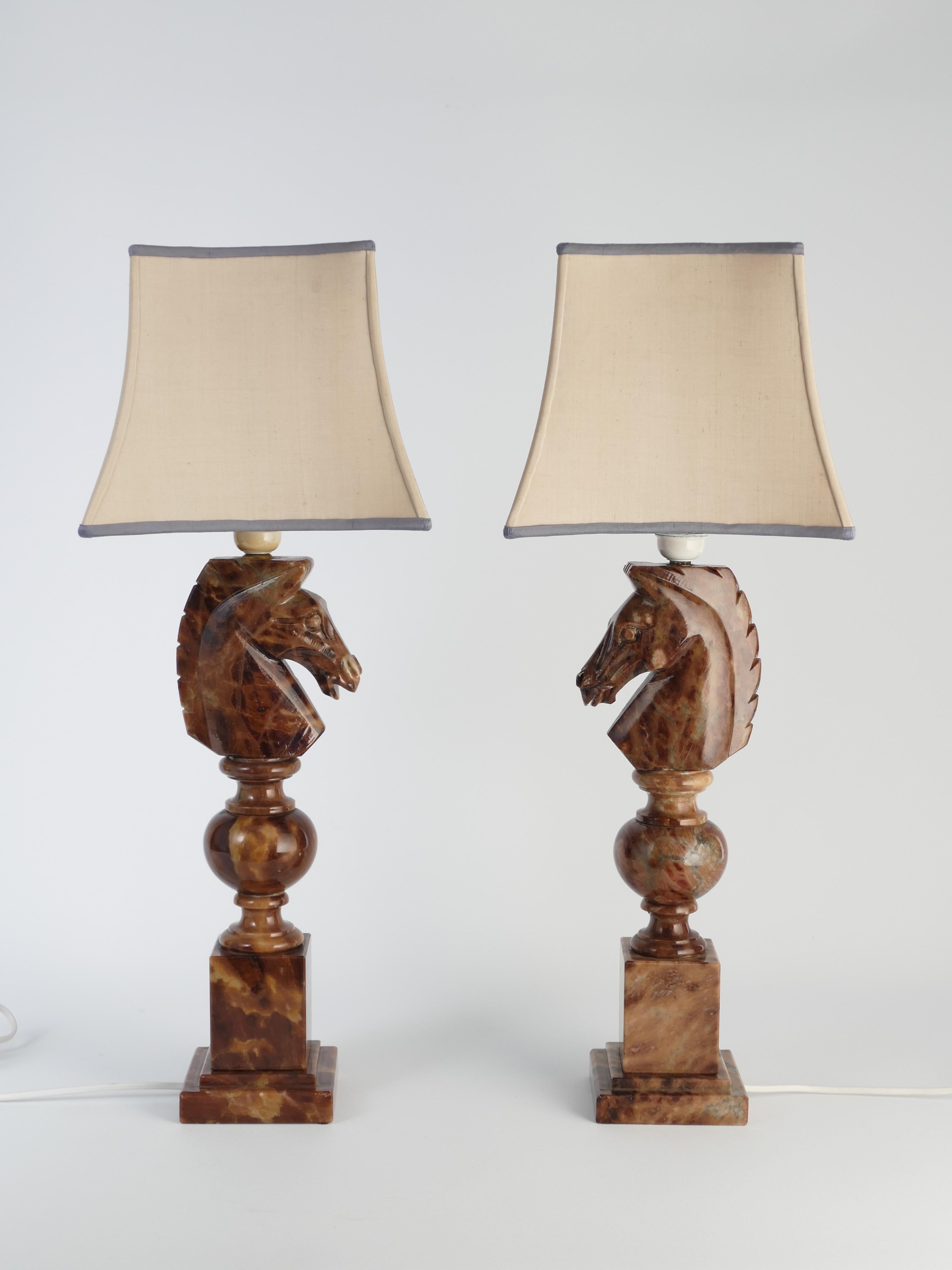 Hand-carved Brown Alabaster Knight Horse Head Table Lamps, Nordiska Kompaniet For Sale 3