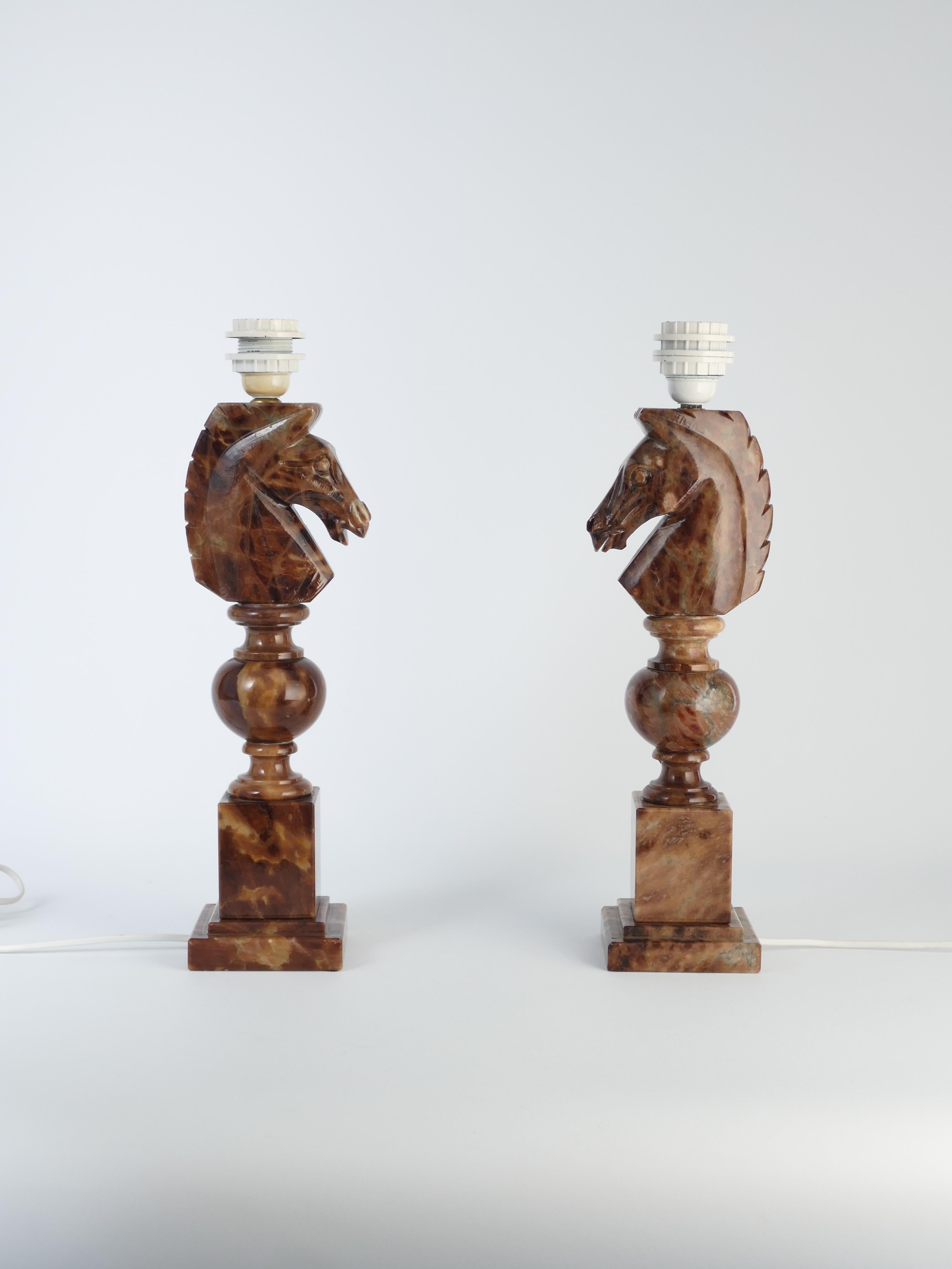 Hand-carved Brown Alabaster Knight Horse Head Table Lamps, Nordiska Kompaniet For Sale 4