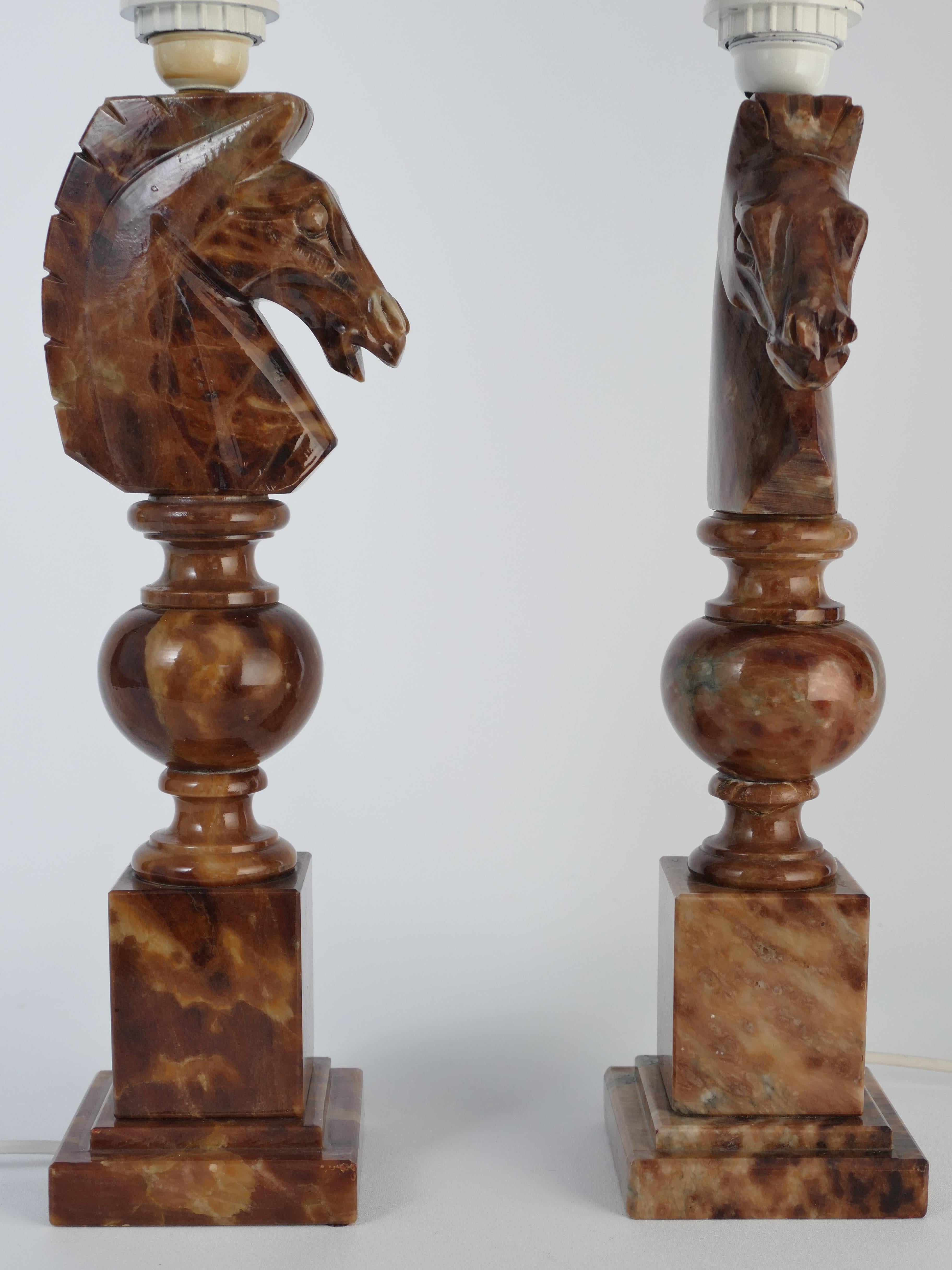 Hand-carved Brown Alabaster Knight Horse Head Table Lamps, Nordiska Kompaniet For Sale 5