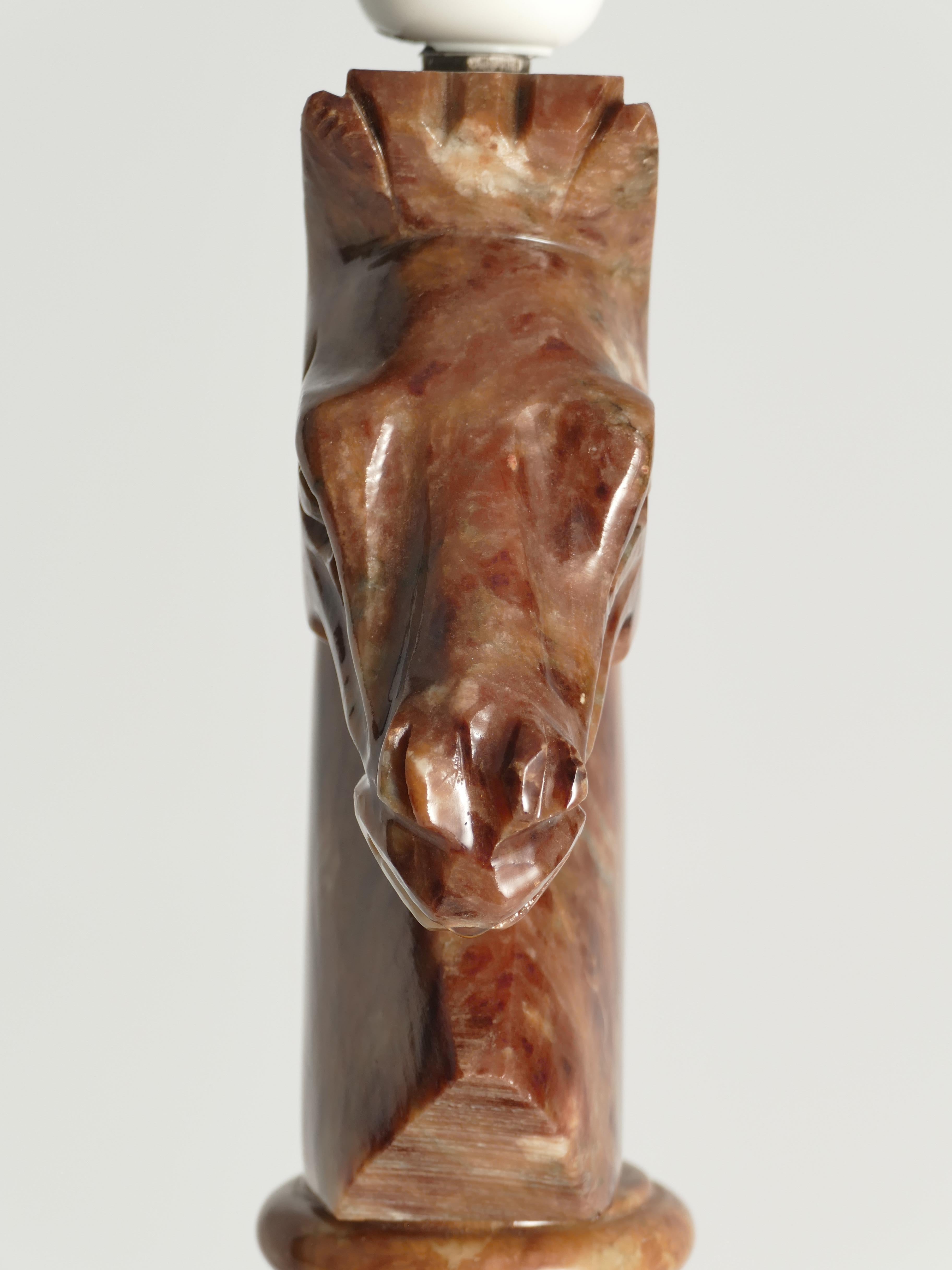 Hand-carved Brown Alabaster Knight Horse Head Table Lamps, Nordiska Kompaniet For Sale 6