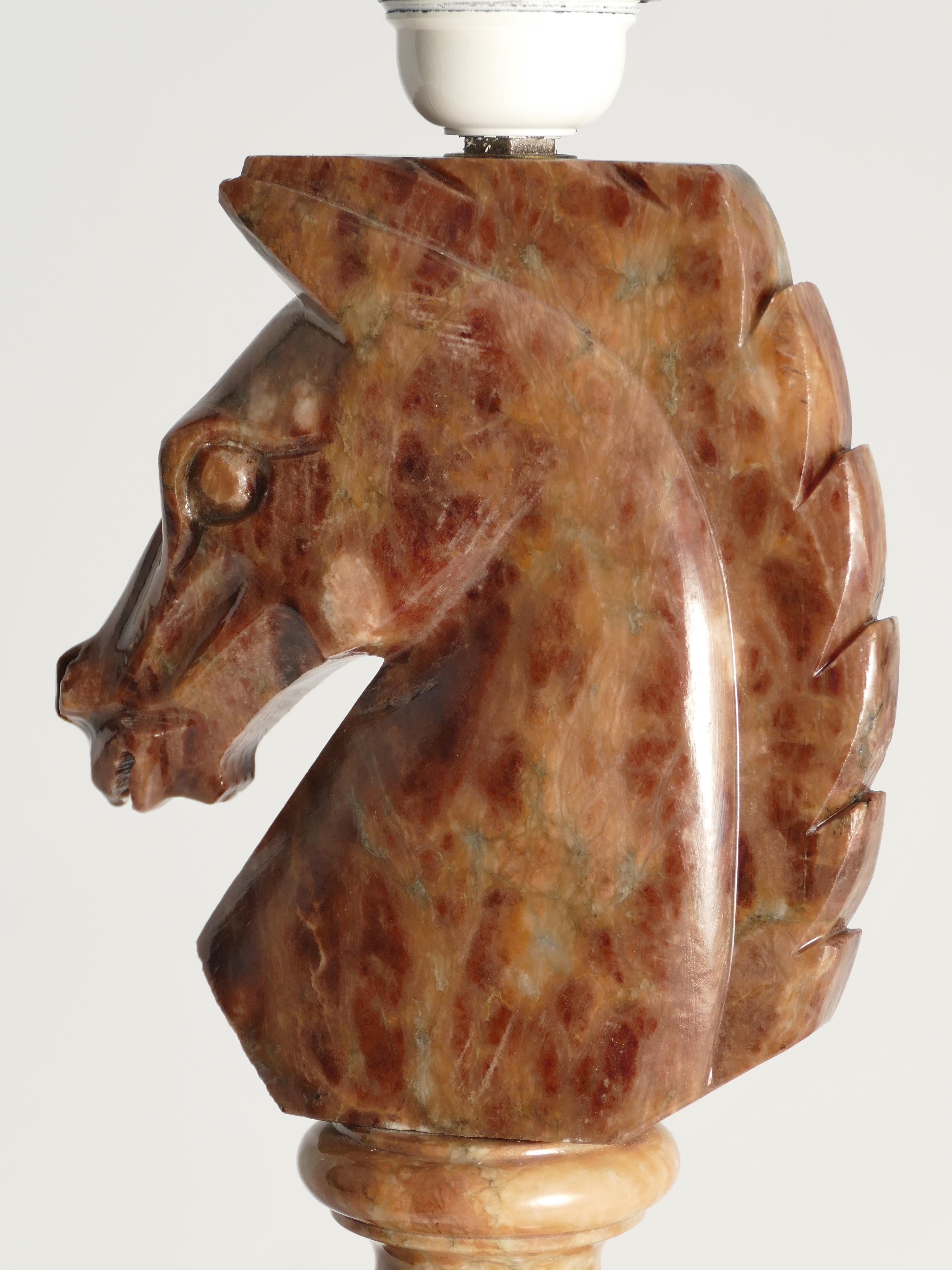 Hand-carved Brown Alabaster Knight Horse Head Table Lamps, Nordiska Kompaniet For Sale 7