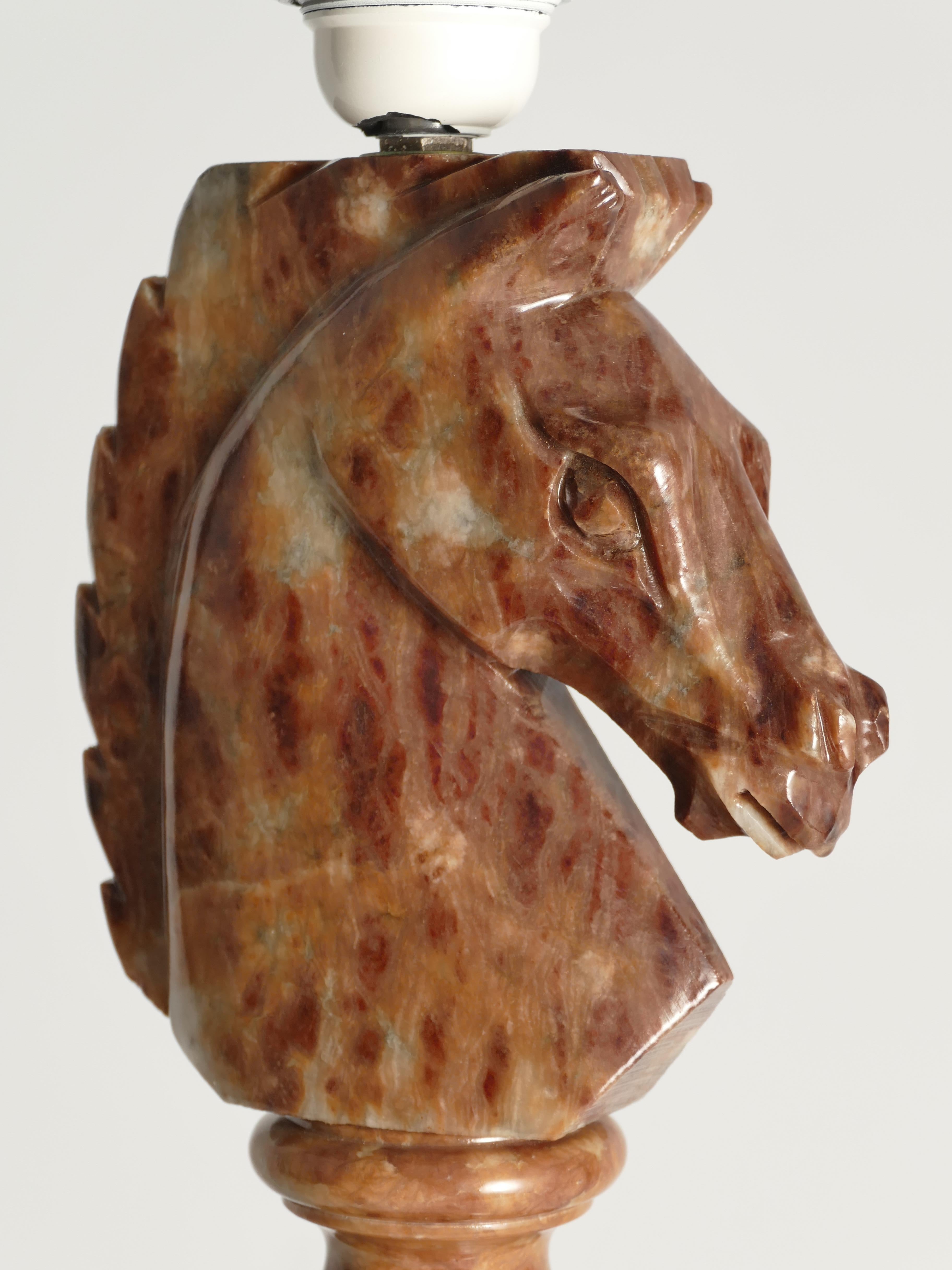 Hand-carved Brown Alabaster Knight Horse Head Table Lamps, Nordiska Kompaniet For Sale 8