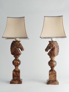 Hand-carved Brown Alabaster Knight Horse Head Table Lamps, Nordiska Kompaniet