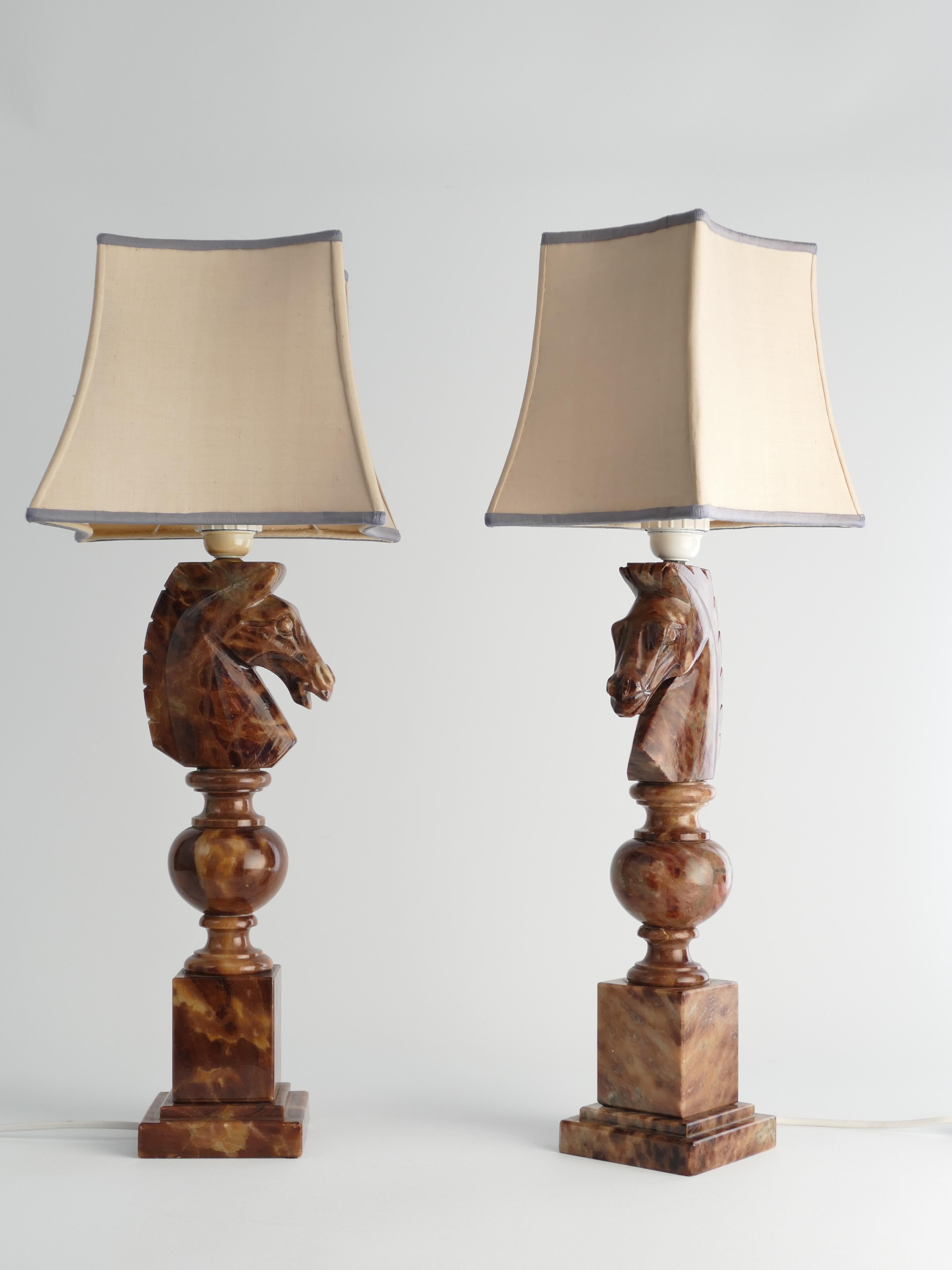 Hollywood Regency Hand-carved Brown Alabaster Knight Horse Head Table Lamps, Nordiska Kompaniet For Sale