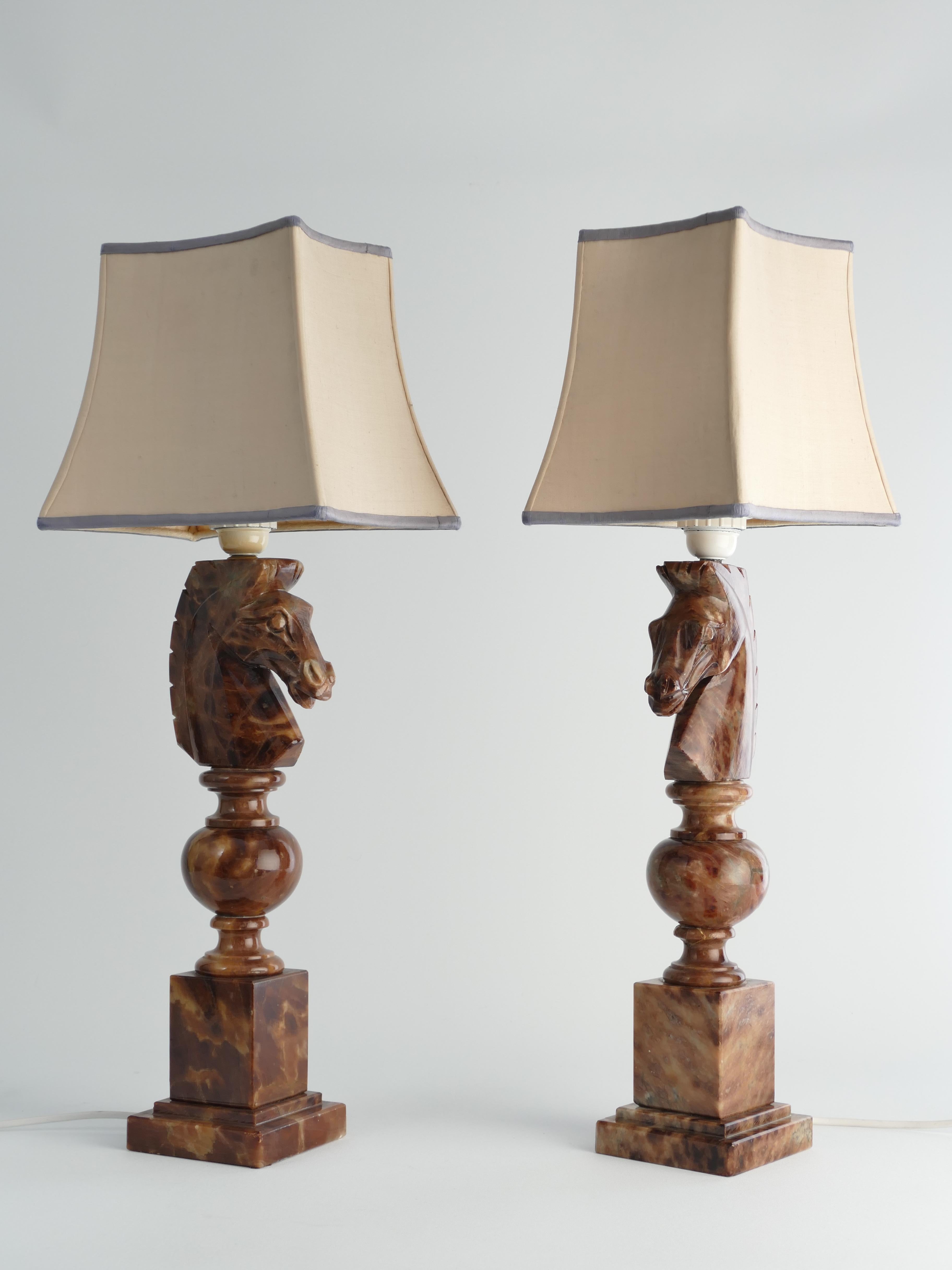 Italian Hand-carved Brown Alabaster Knight Horse Head Table Lamps, Nordiska Kompaniet For Sale