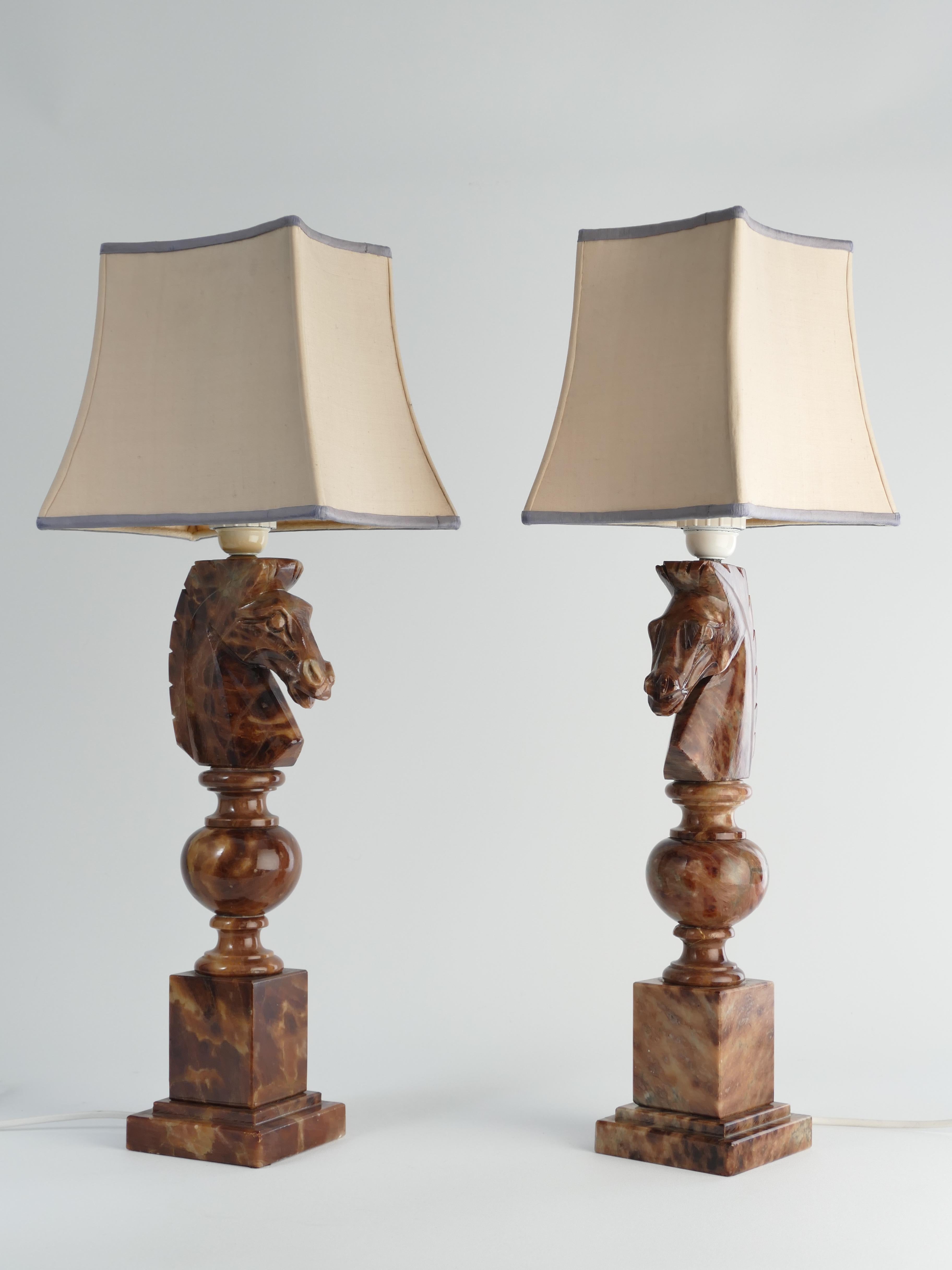 Hand-Carved Hand-carved Brown Alabaster Knight Horse Head Table Lamps, Nordiska Kompaniet For Sale