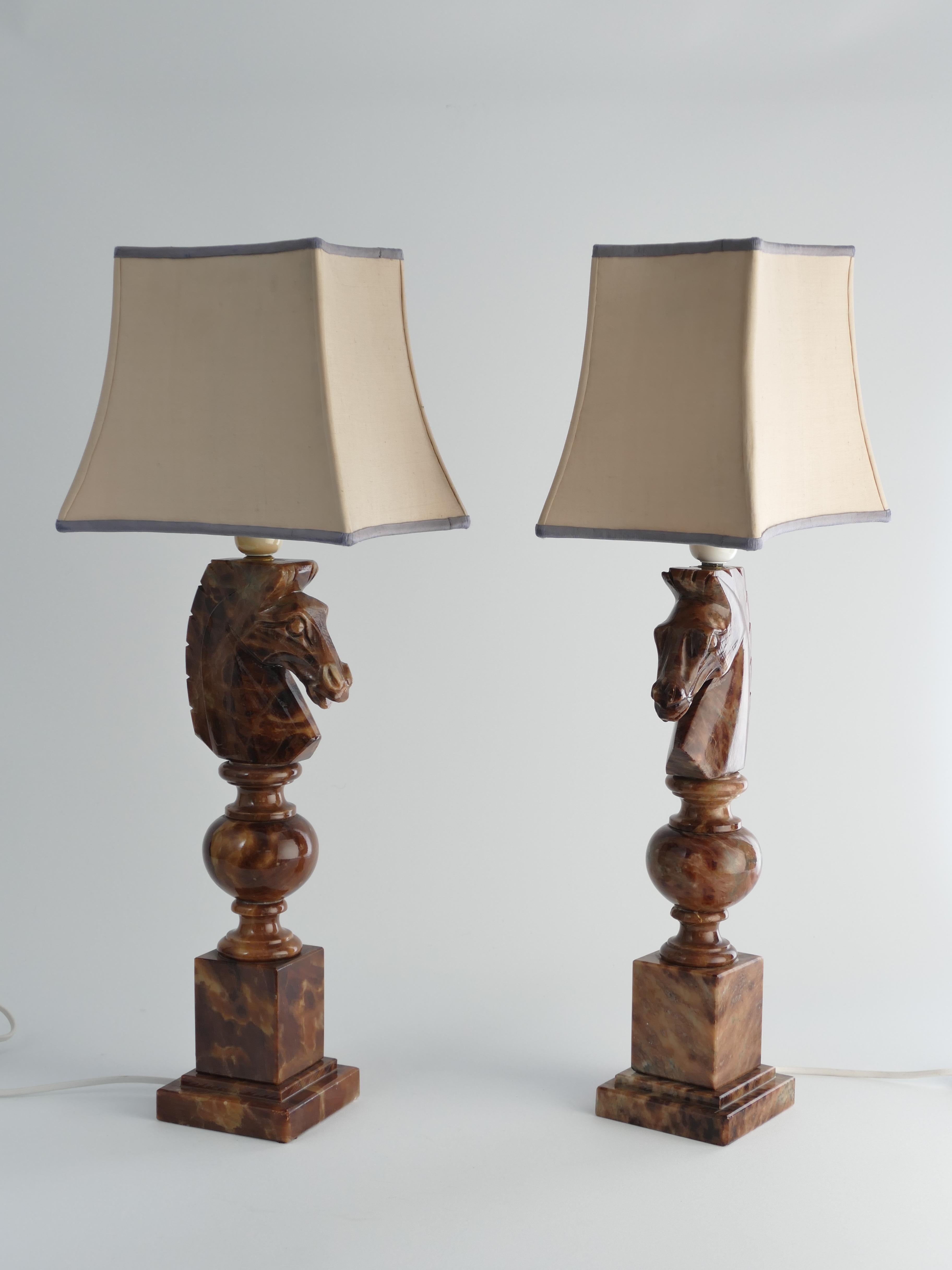Late 20th Century Hand-carved Brown Alabaster Knight Horse Head Table Lamps, Nordiska Kompaniet For Sale