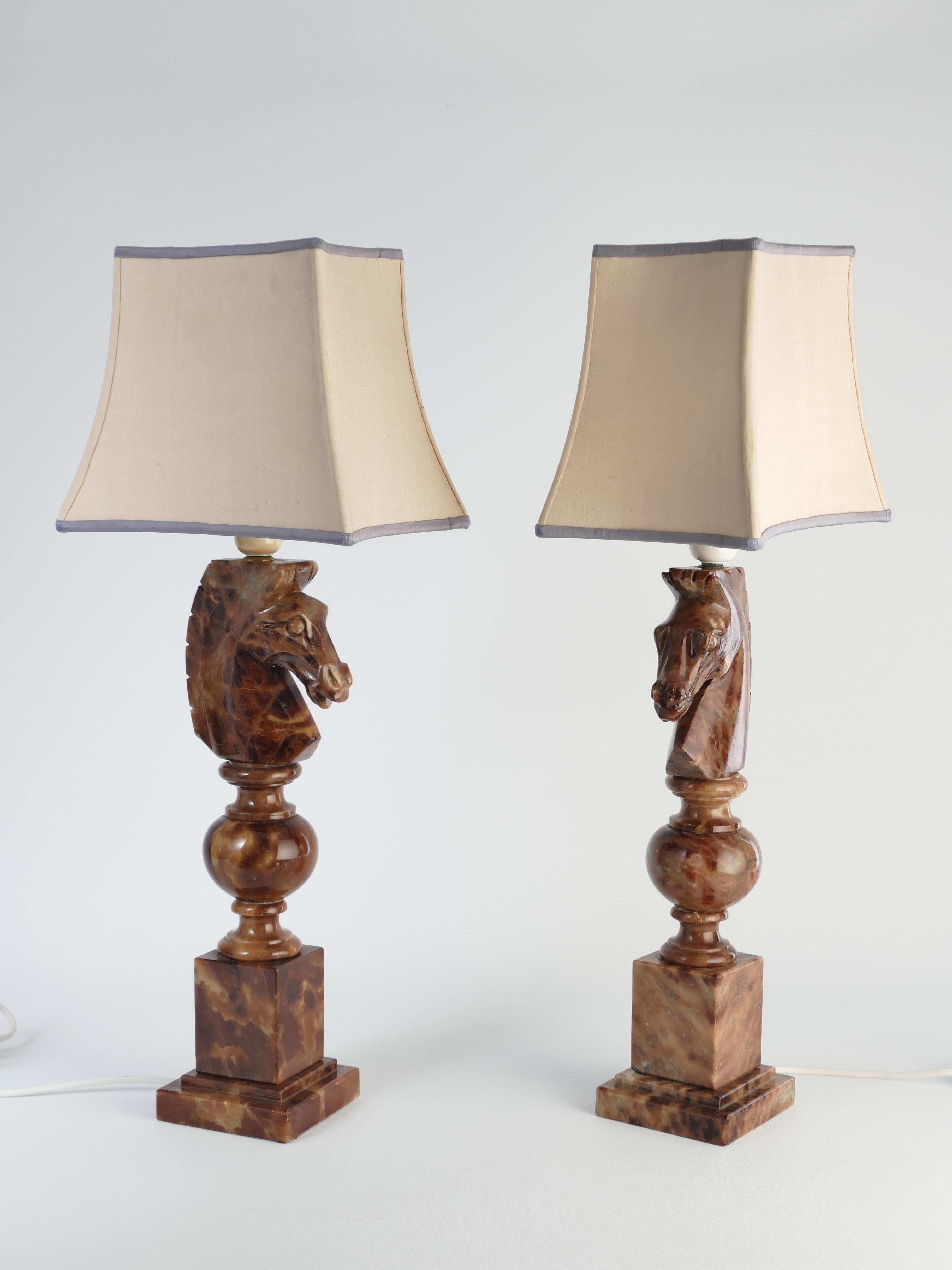 Hand-carved Brown Alabaster Knight Horse Head Table Lamps, Nordiska Kompaniet For Sale 1
