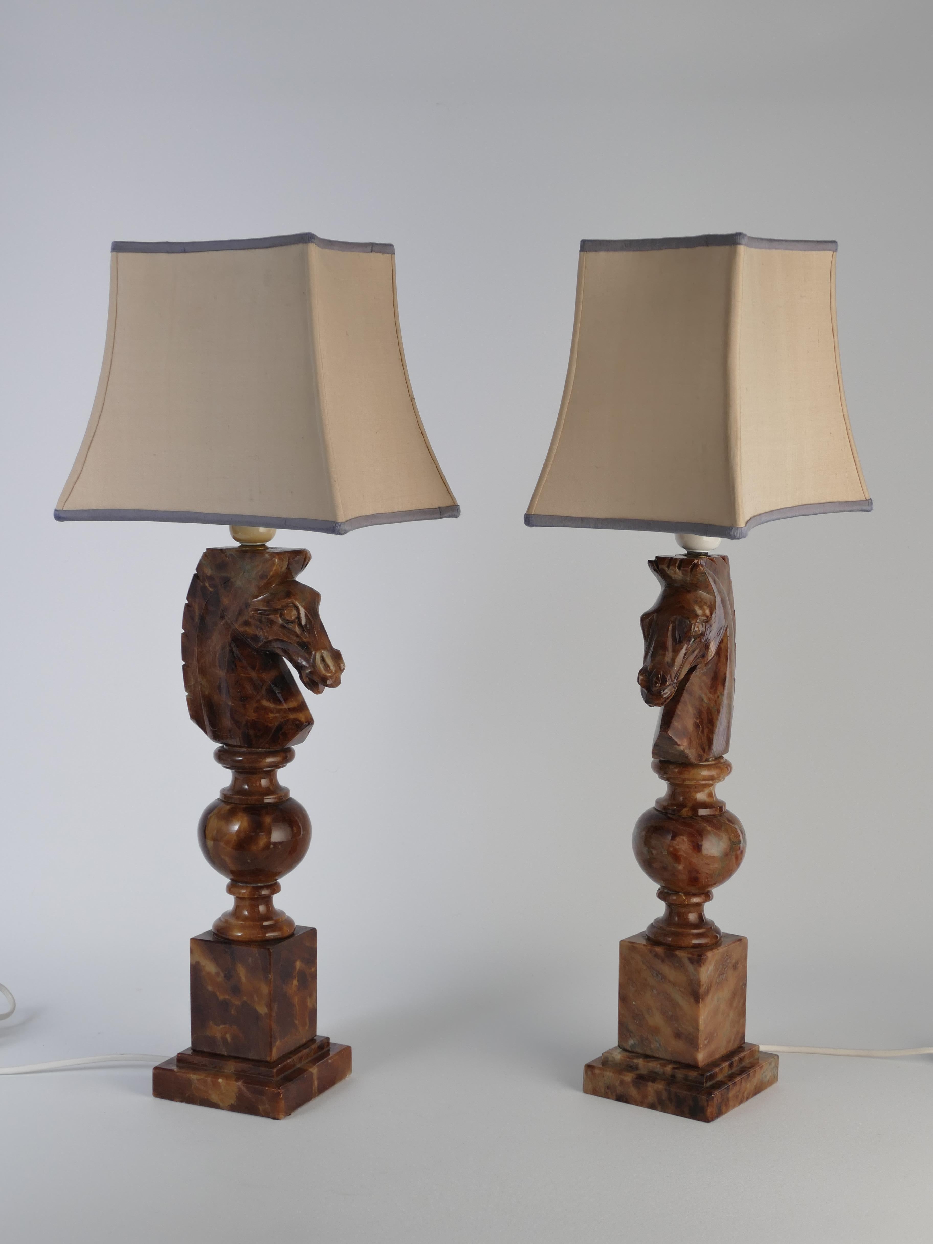 Hand-carved Brown Alabaster Knight Horse Head Table Lamps, Nordiska Kompaniet For Sale 2