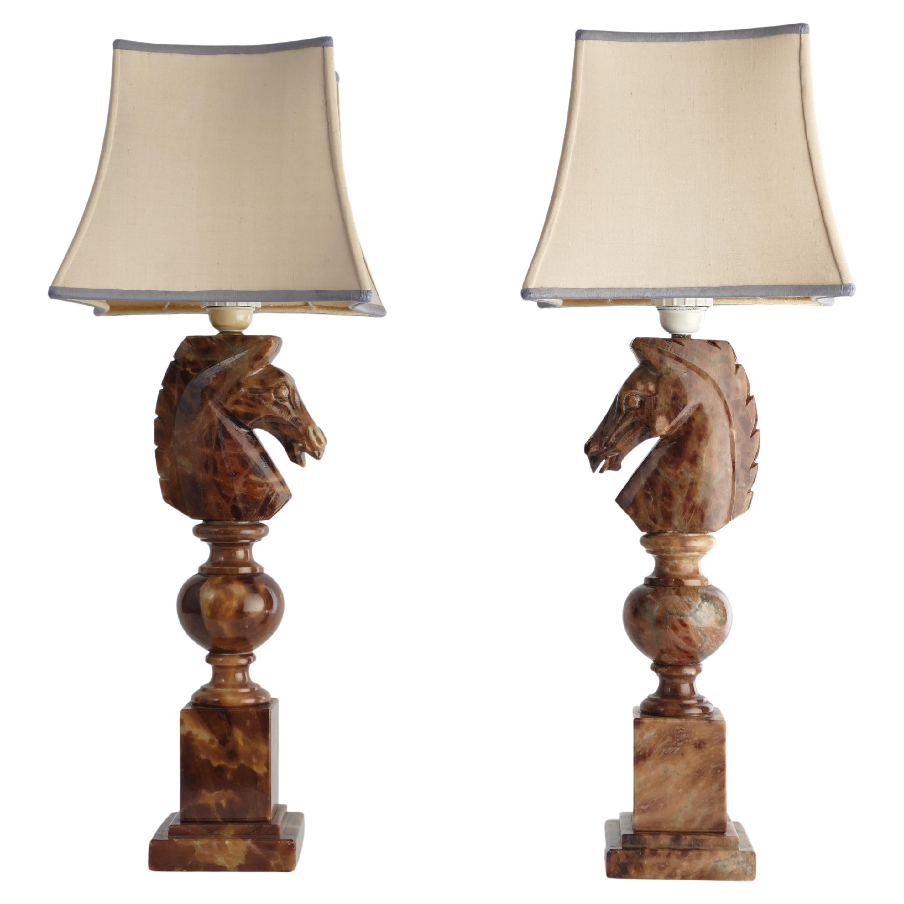 Hand-carved Brown Alabaster Knight Horse Head Table Lamps, Nordiska Kompaniet For Sale