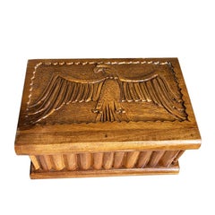 Hand Carved Brown Rectangular Wood Eagle Puzzle Box with Hidden Key Compartment