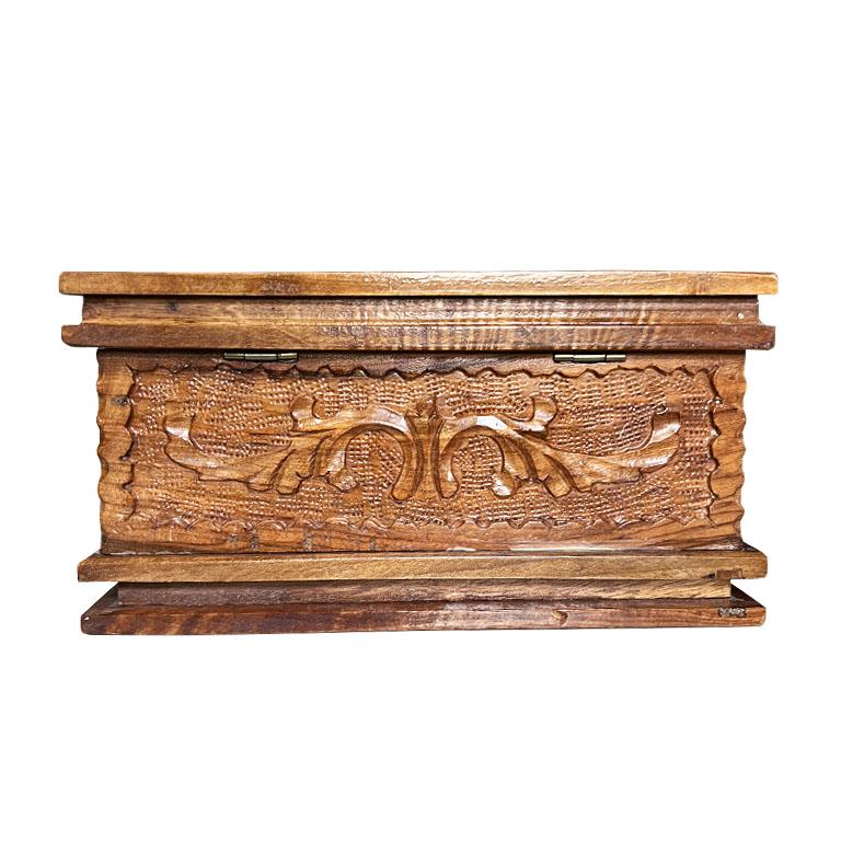 American Hand Carved Brown Rectangular Wood Eagle Puzzle Box with Hidden Key Compartment For Sale