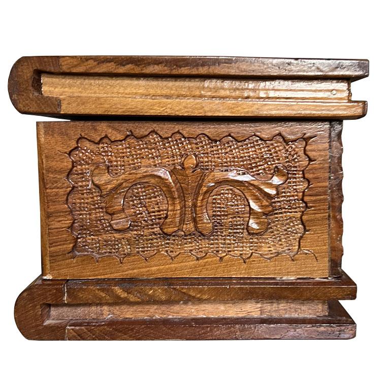 Hand Carved Brown Rectangular Wood Eagle Puzzle Box with Hidden Key Compartment In Good Condition For Sale In Oklahoma City, OK