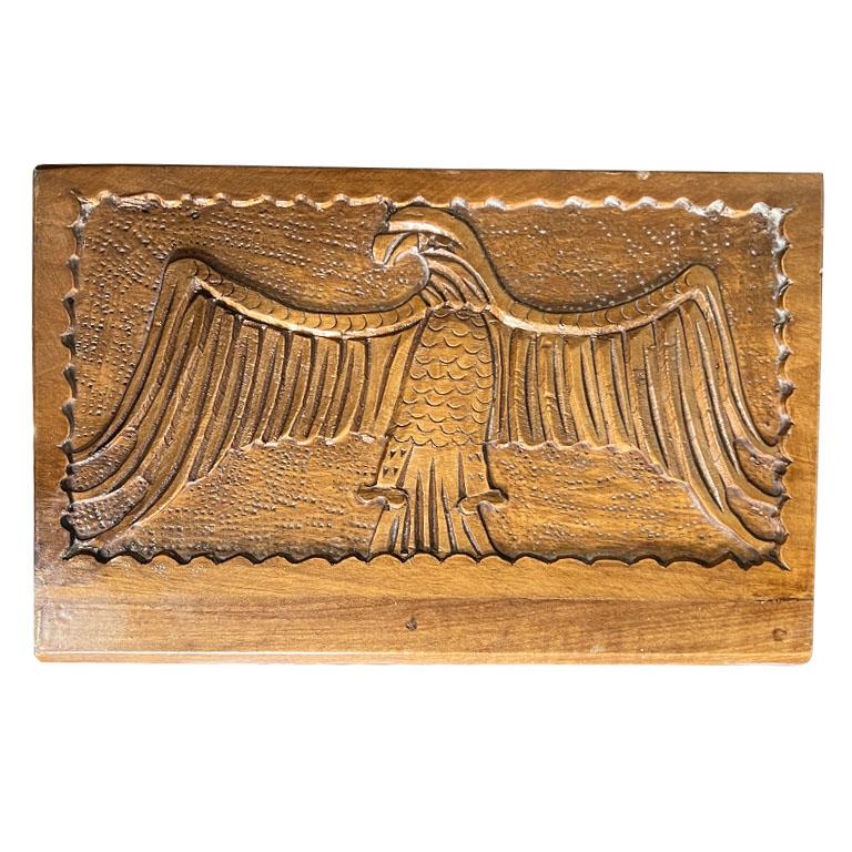 20th Century Hand Carved Brown Rectangular Wood Eagle Puzzle Box with Hidden Key Compartment For Sale