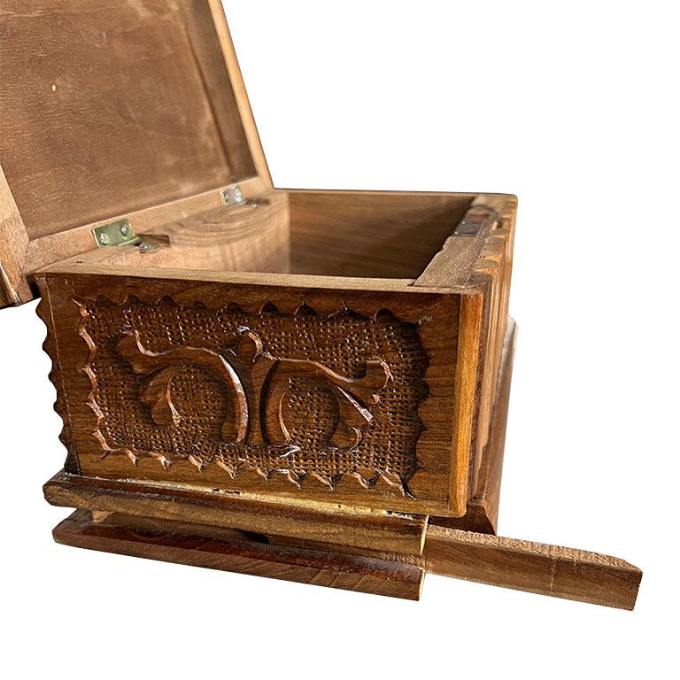 Hand Carved Brown Rectangular Wood Eagle Puzzle Box with Hidden Key Compartment For Sale 1