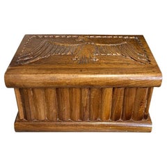 Vintage Hand Carved Brown Rectangular Wood Eagle Puzzle Box with Hidden Key Compartment