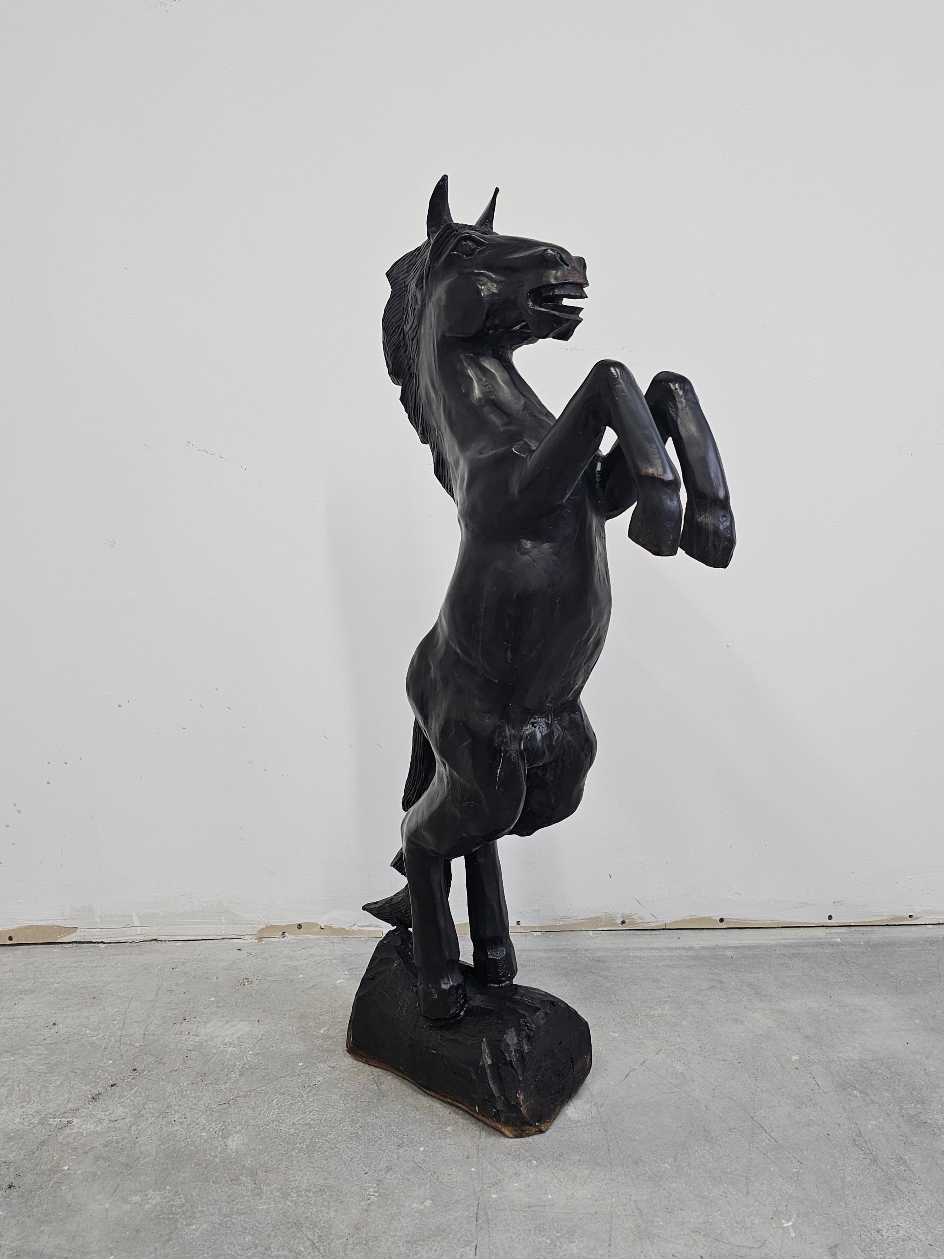 Italian Hand-carved Brutalist Black Horse Sculpture done in ebonized wood, Italy 1970s For Sale