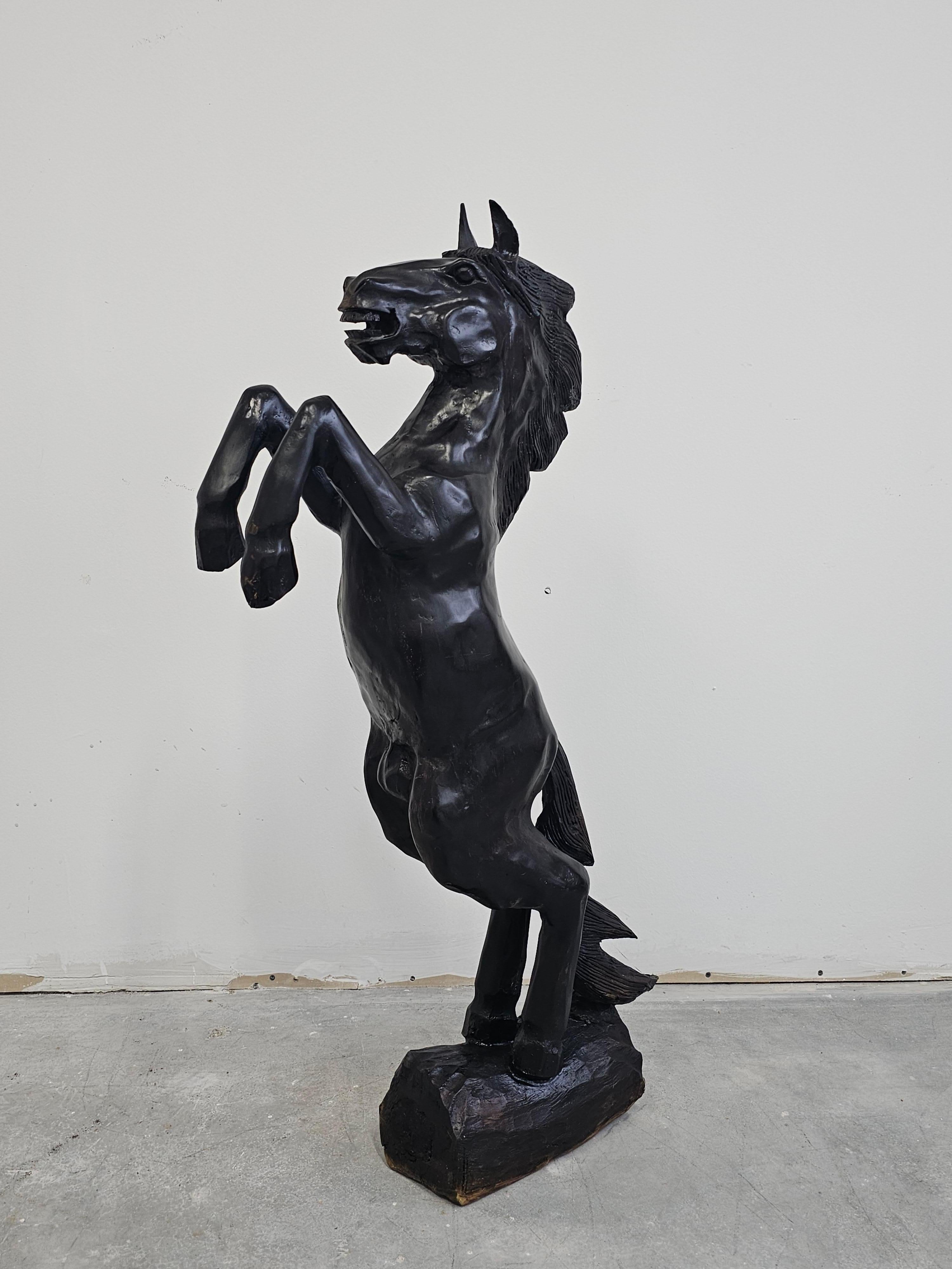 Late 20th Century Hand-carved Brutalist Black Horse Sculpture done in ebonized wood, Italy 1970s For Sale