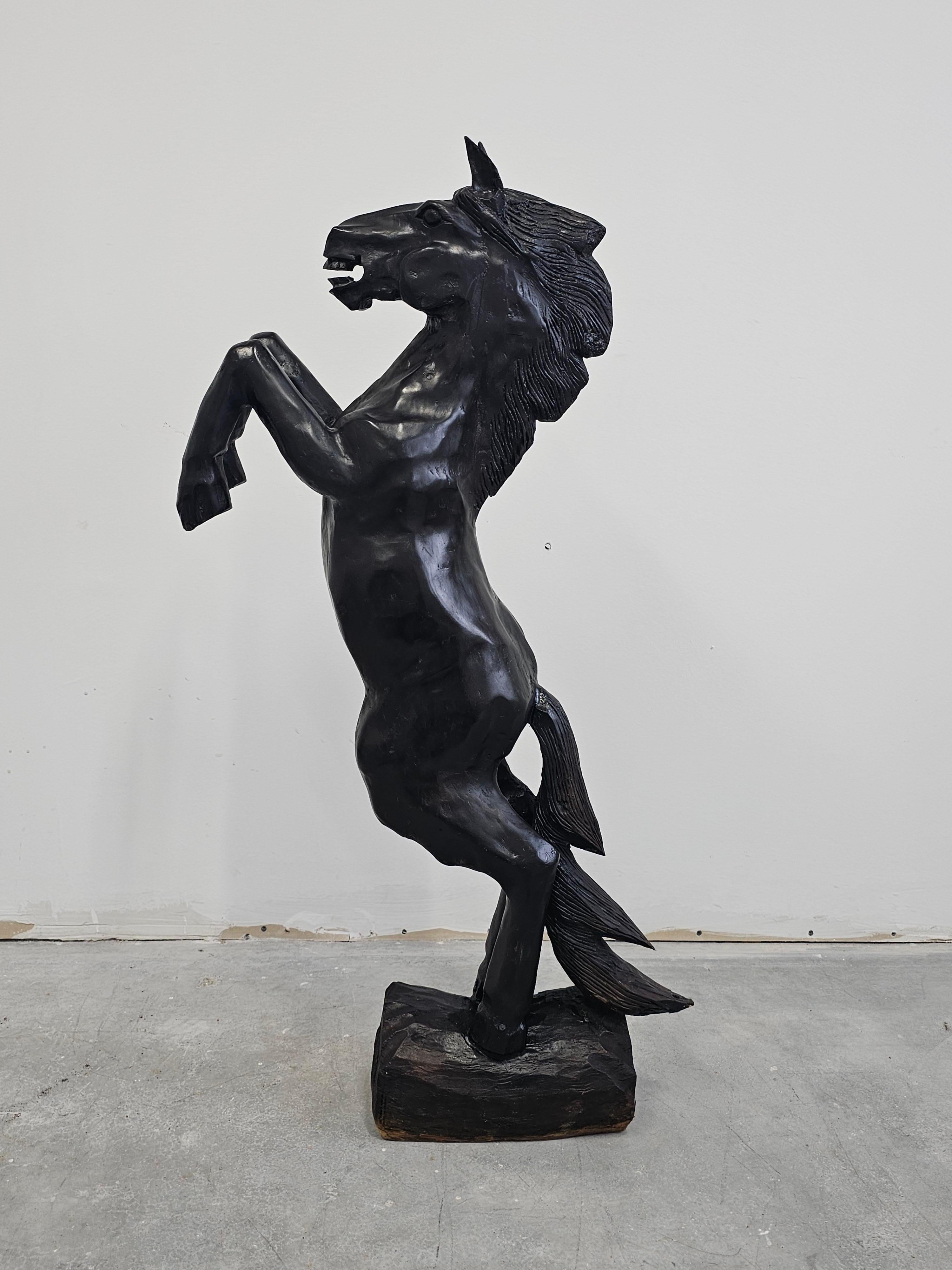 Wood Hand-carved Brutalist Black Horse Sculpture done in ebonized wood, Italy 1970s For Sale