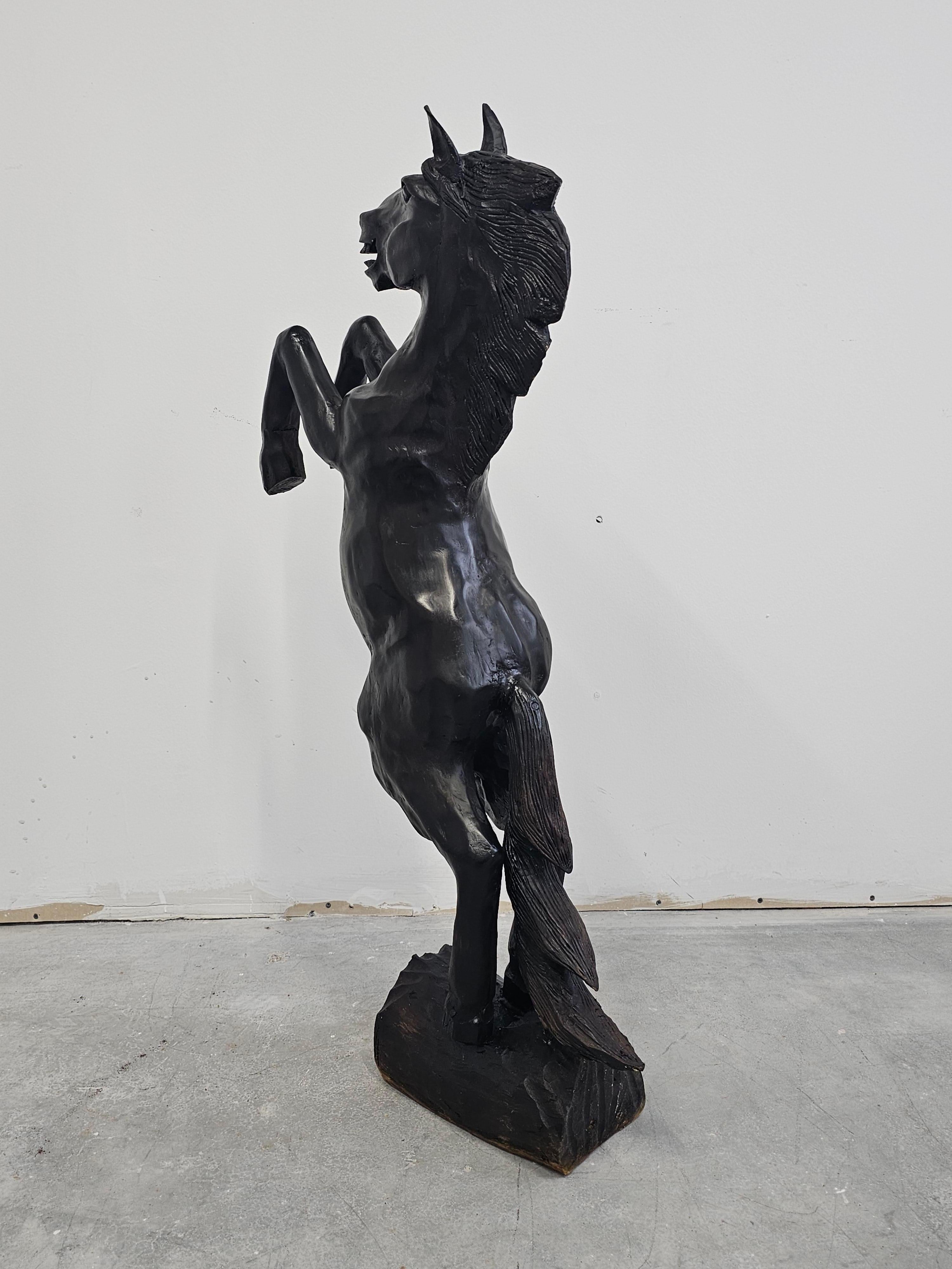 Hand-carved Brutalist Black Horse Sculpture done in ebonized wood, Italy 1970s For Sale 1