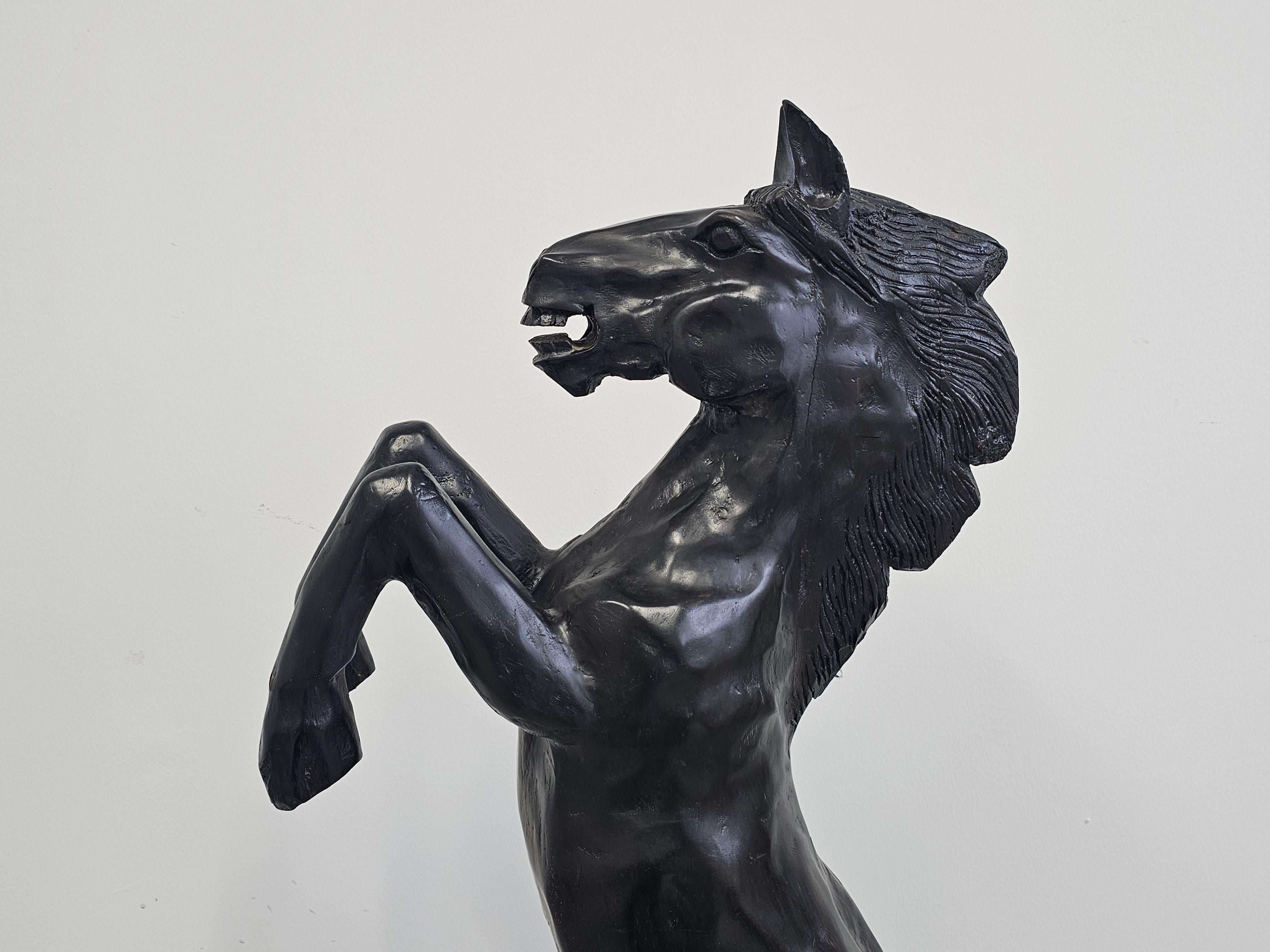 Hand-carved Brutalist Black Horse Sculpture done in ebonized wood, Italy 1970s For Sale 2