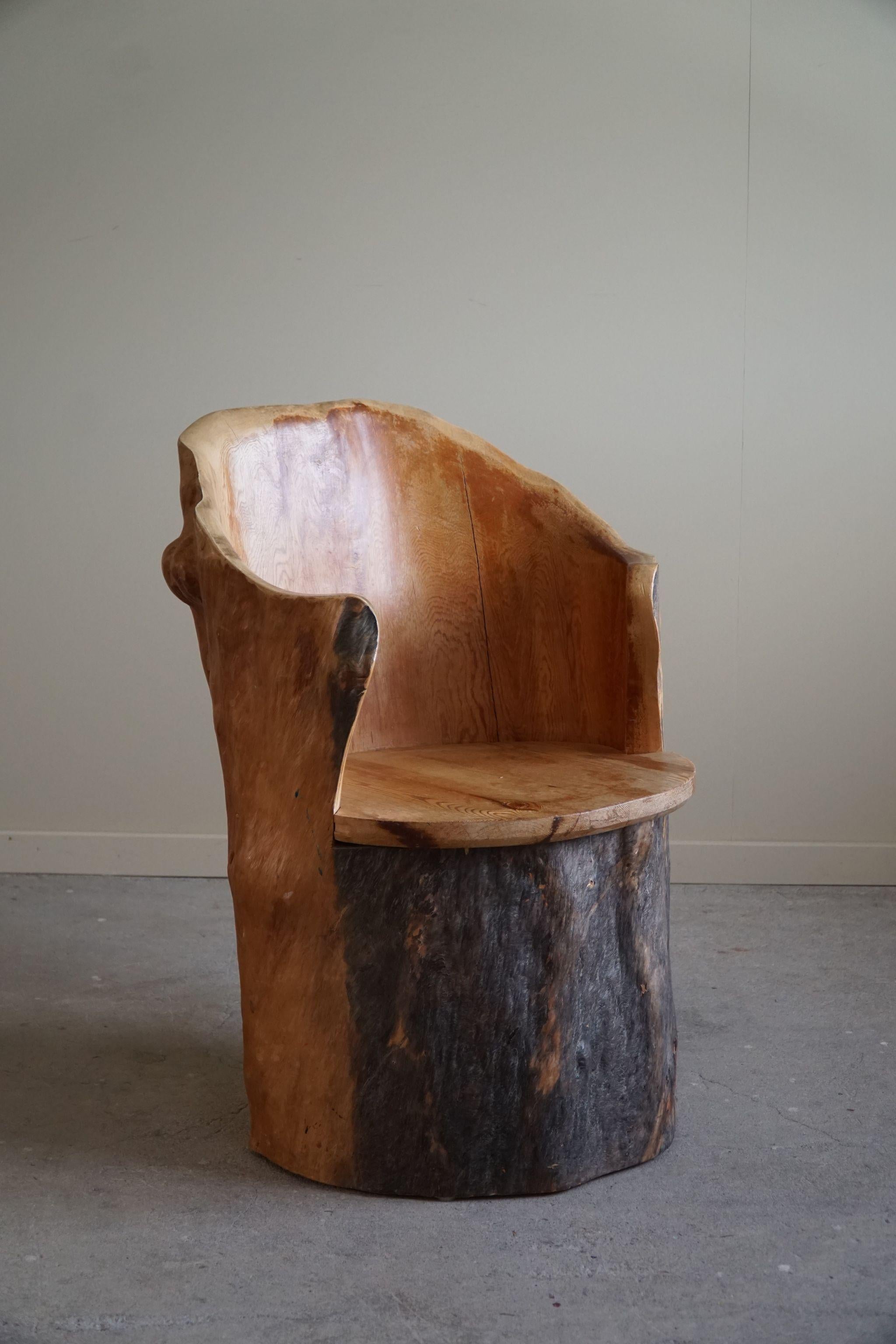 Hand-Carved Brutalist Stump Chair in Solid Pine, Wabi Sabi Style, Swedish, 1970s For Sale 6