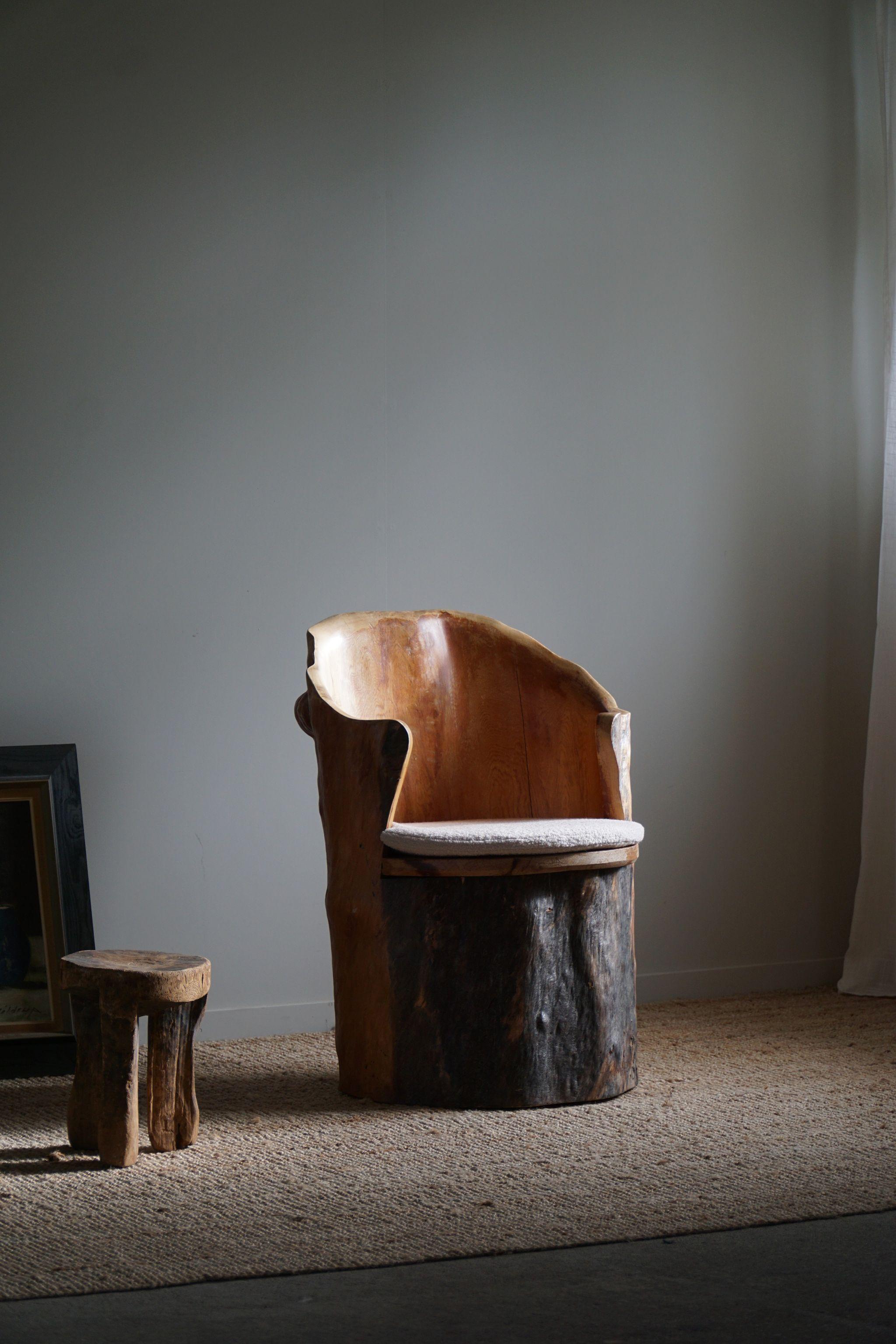 Hand-Carved Brutalist Stump Chair in Solid Pine, Wabi Sabi Style, Swedish, 1970s For Sale 8
