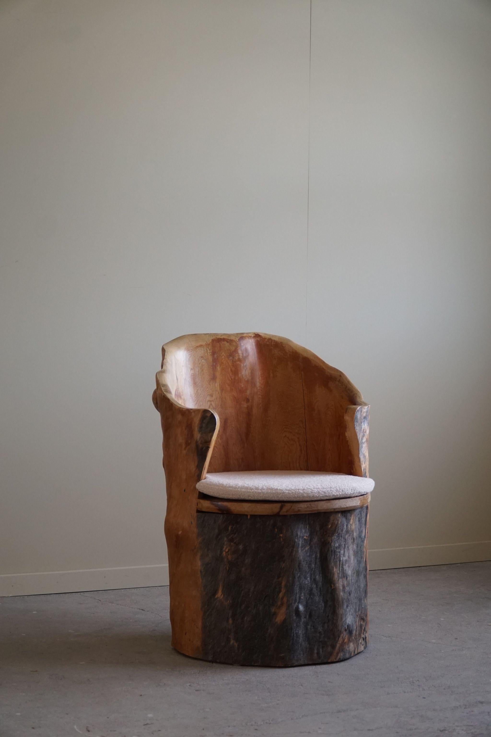Hand-Carved Brutalist Stump Chair in Solid Pine, Wabi Sabi Style, Swedish, 1970s For Sale 9