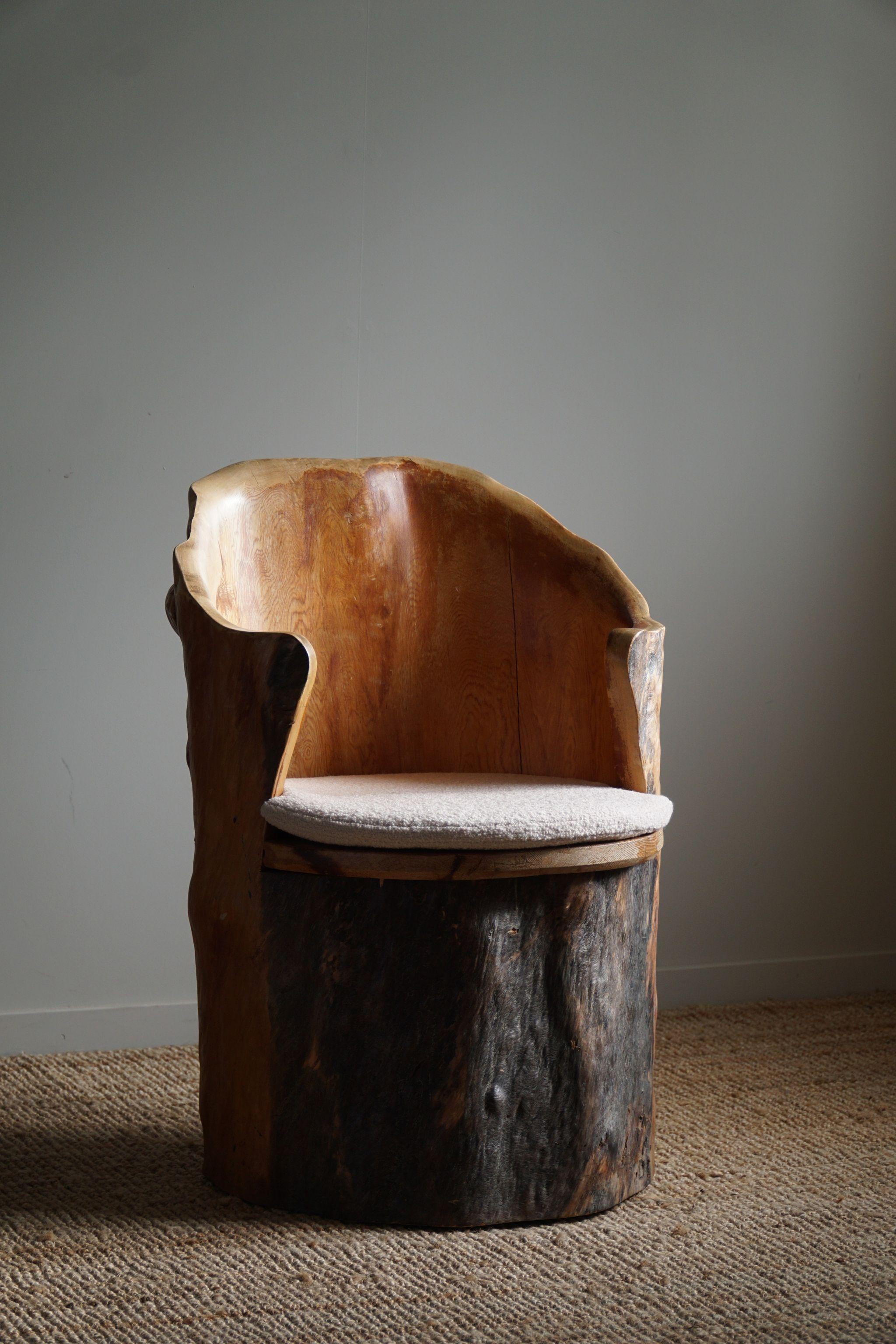Hand-Carved Brutalist Stump Chair in Solid Pine, Wabi Sabi Style, Swedish, 1970s For Sale 10