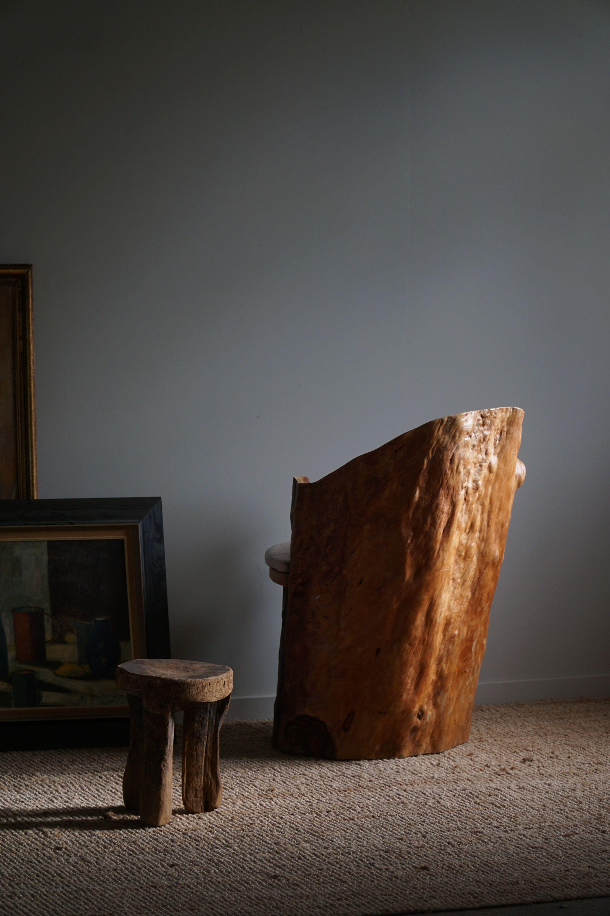 Mid-Century Modern Hand-Carved Brutalist Stump Chair in Solid Pine, Wabi Sabi Style, Swedish, 1970s For Sale
