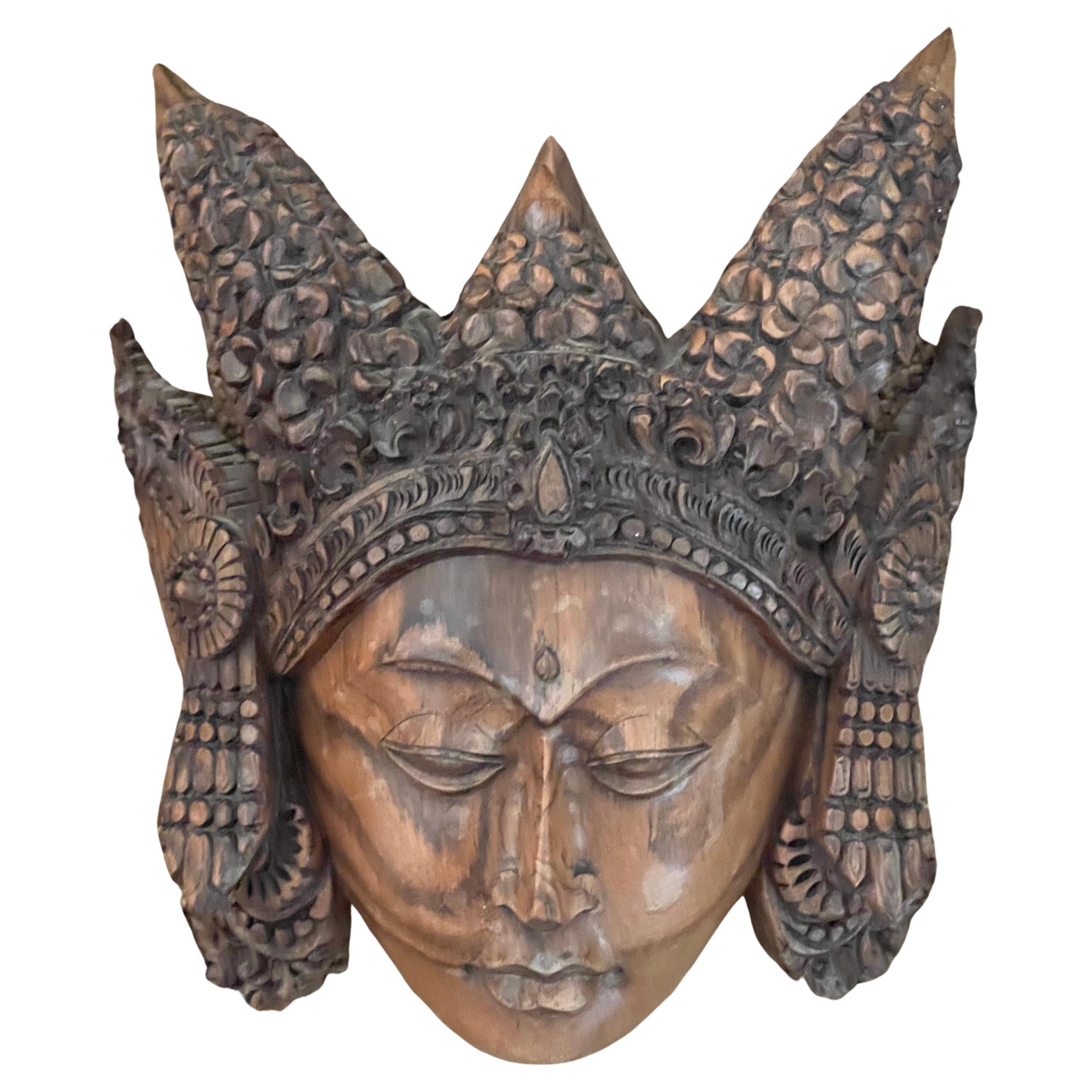 Hand Carved Buddha Head Wall Plaque For Sale