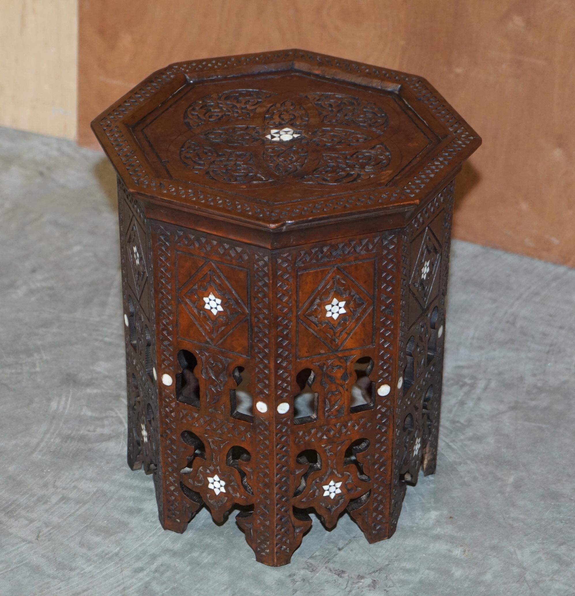 Victorian Hand Carved Burmese Folding Hardwood Antique Octagonal Side End Lamp Wine Table For Sale