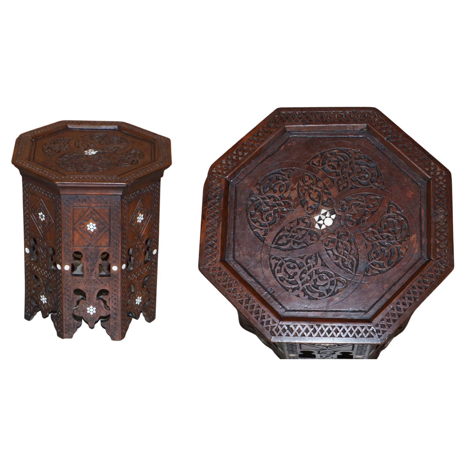Hand Carved Burmese Folding Hardwood Antique Octagonal Side End Lamp Wine Table For Sale