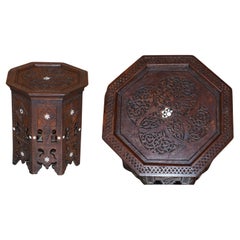 Hand Carved Burmese Folding Hardwood Antique Octagonal Side End Lamp Wine Table