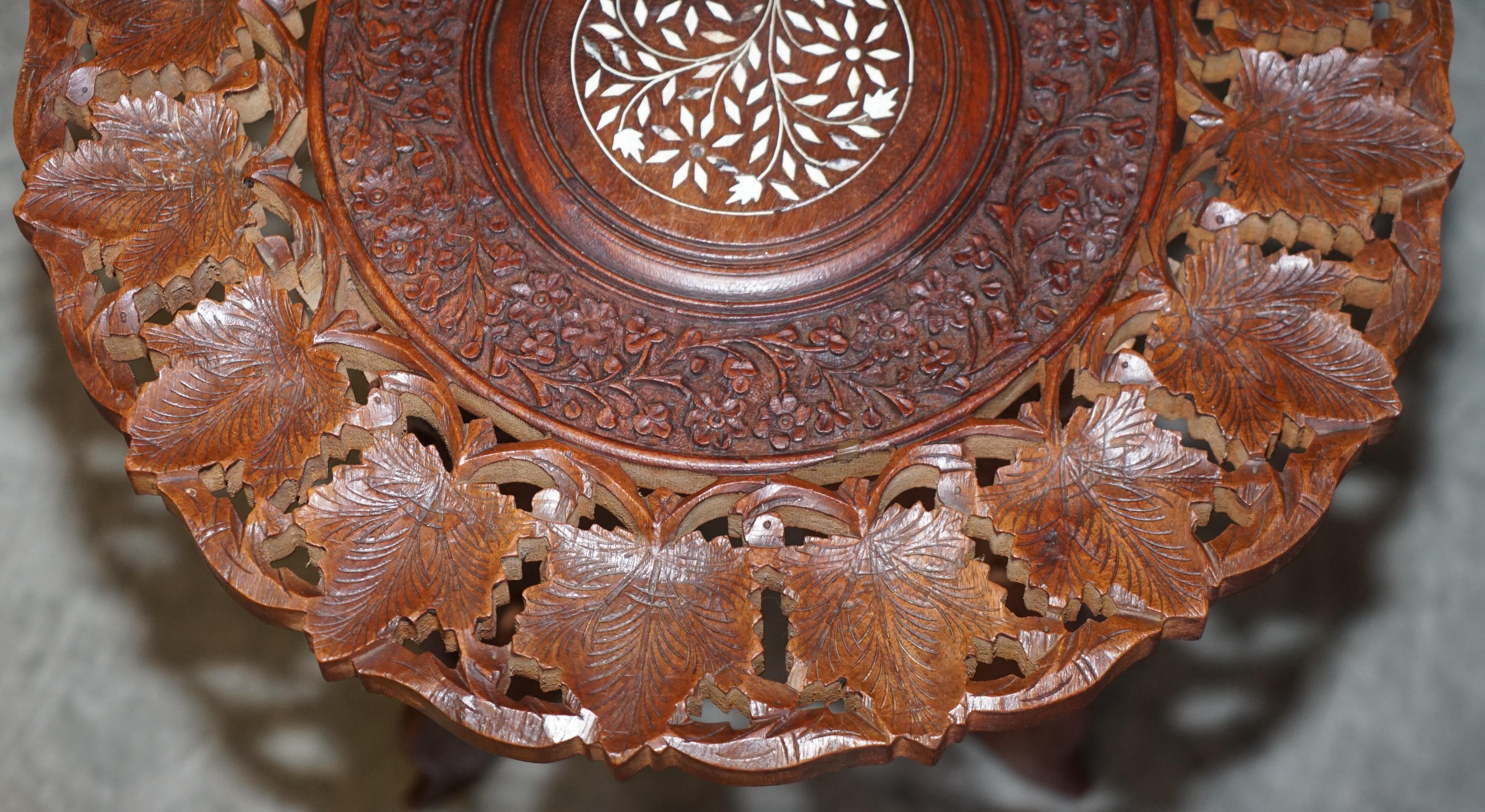 Hand-Crafted Hand Carved Burmese Hardwood Antique Octagonal Side End Lamp Wine Folding Table For Sale