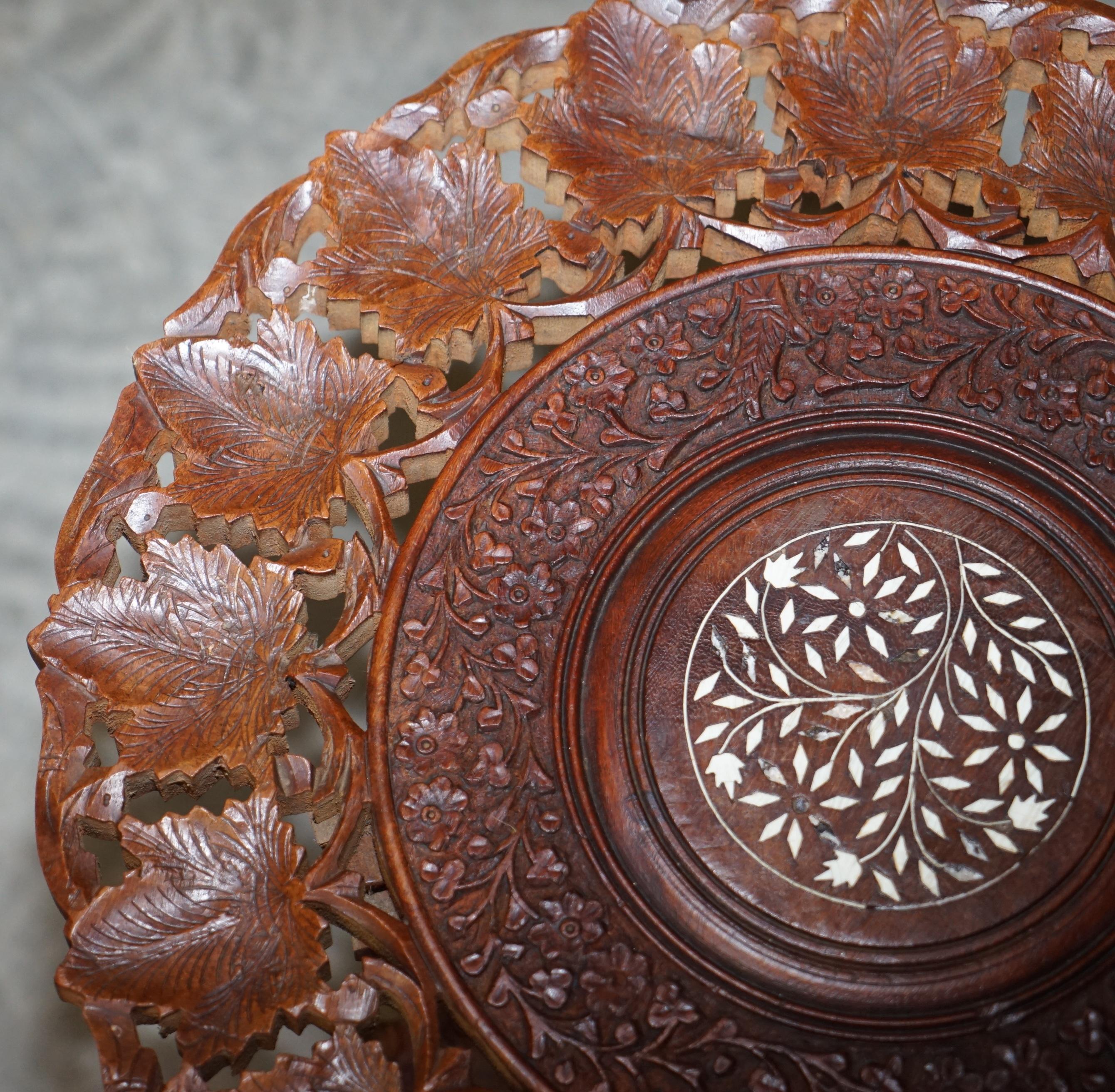 20th Century Hand Carved Burmese Hardwood Antique Octagonal Side End Lamp Wine Folding Table For Sale