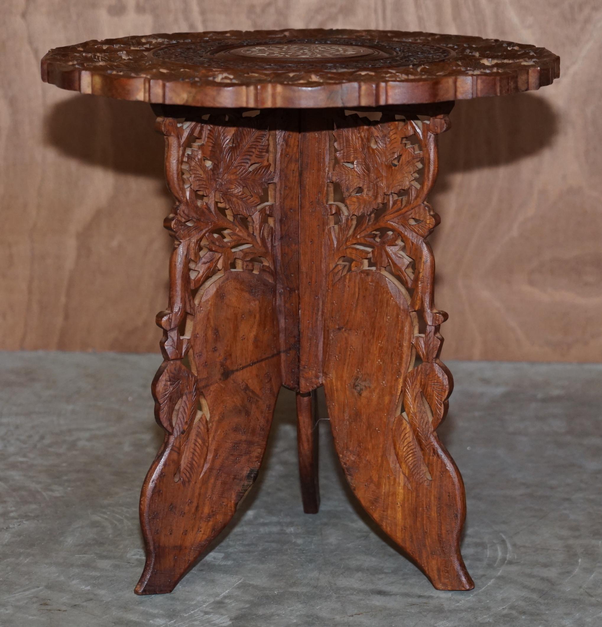 Hand Carved Burmese Hardwood Antique Octagonal Side End Lamp Wine Folding Table For Sale 2