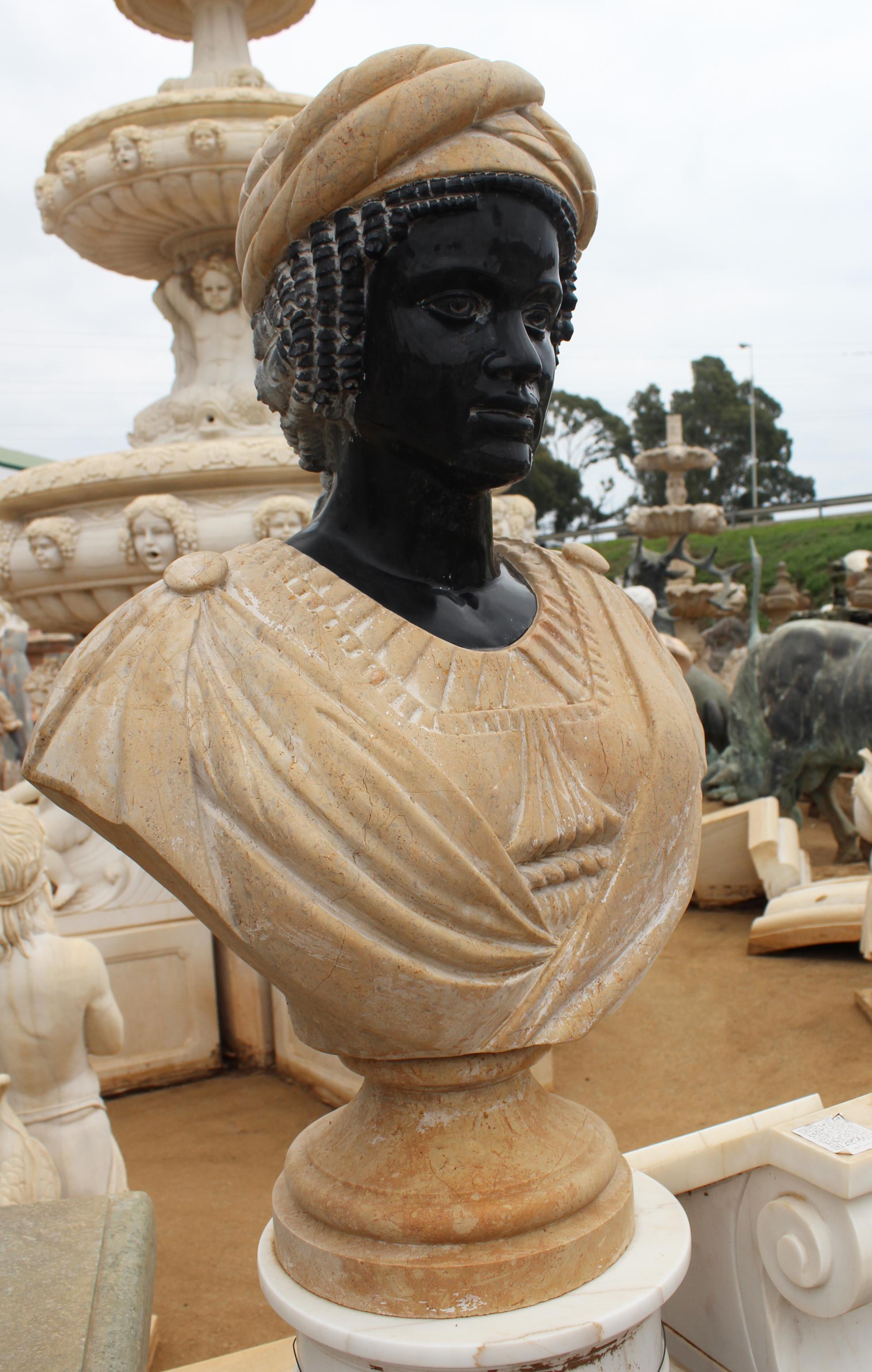 Hand carved bust of Shakespeare's Desdemona, Othello's wife, in black Belgian marble and brown limestone.


