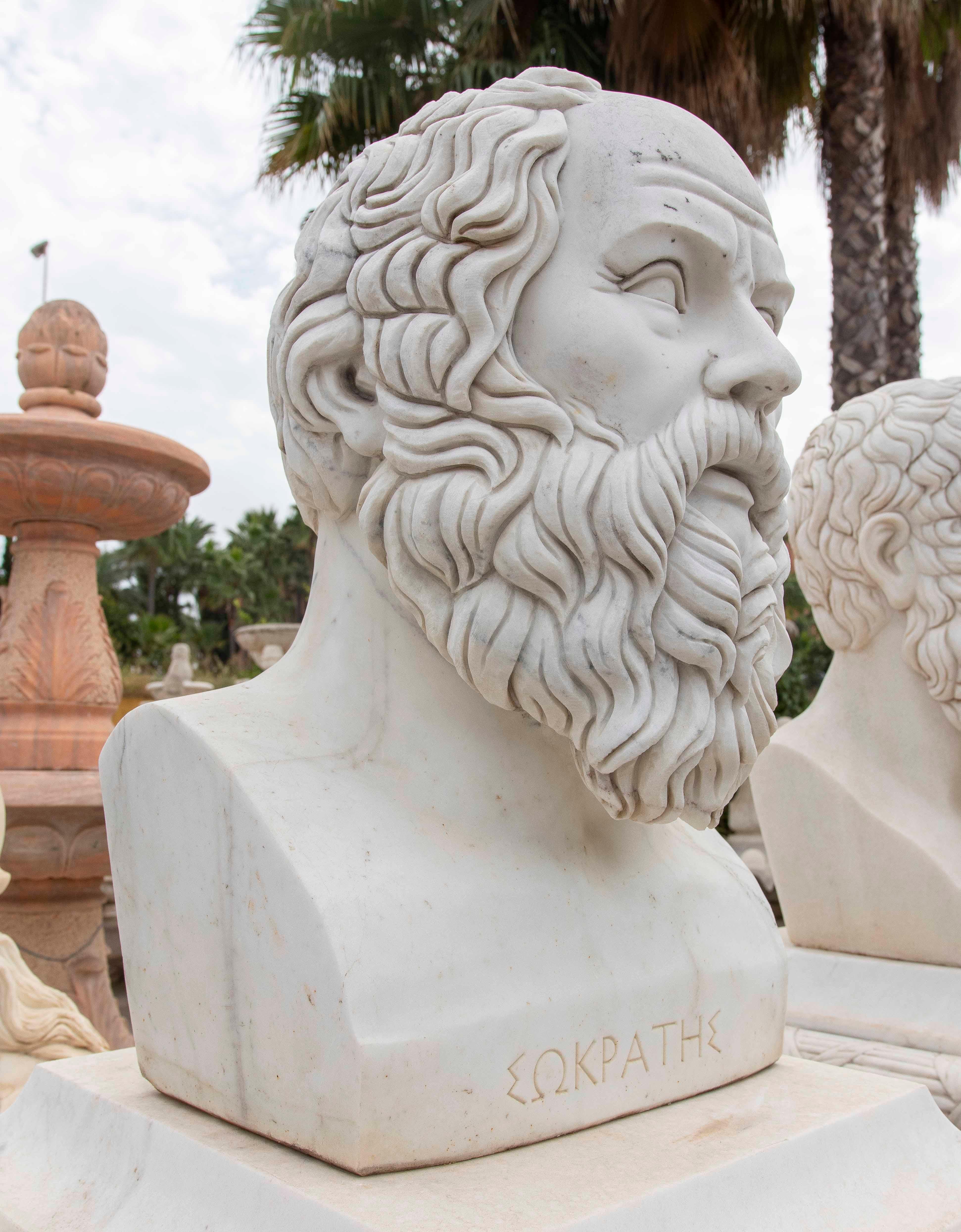 Asiatico Busto di Socrate scolpito a mano in marmo bianco in vendita