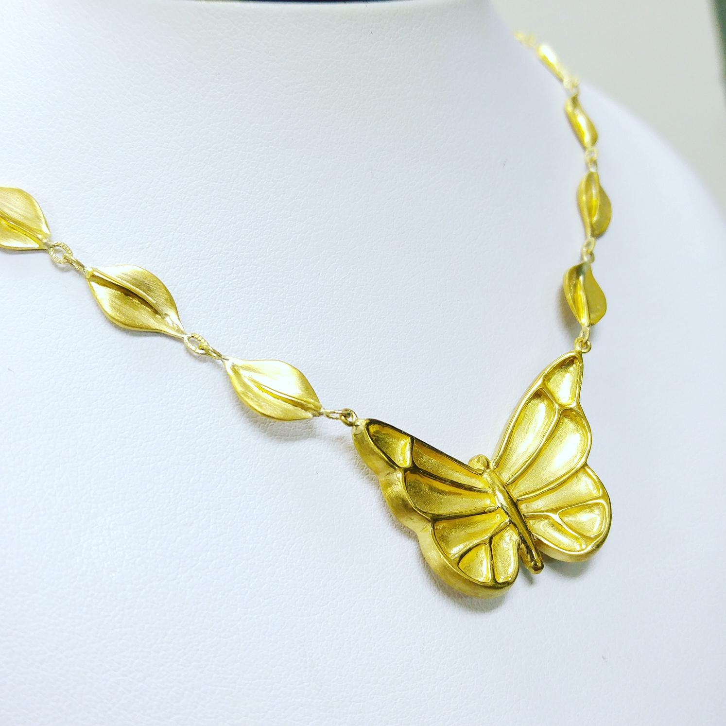 Women's Hand Carved Butterfly Leaf Necklace in 22k Gold For Sale