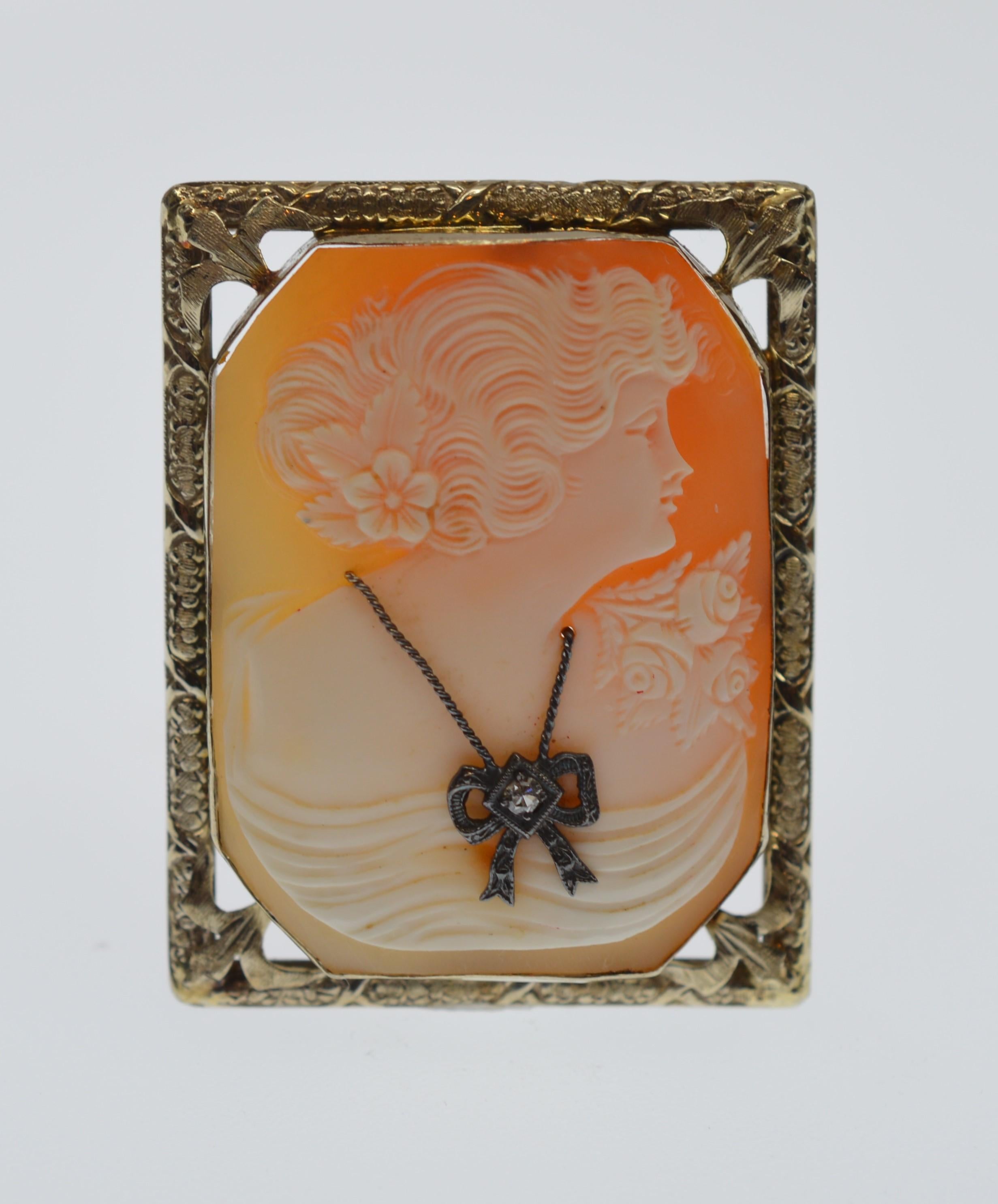 Art Deco Carved Cameo Brooch Pendant 14K Rose Gold Frame w Diamond Accent For Sale