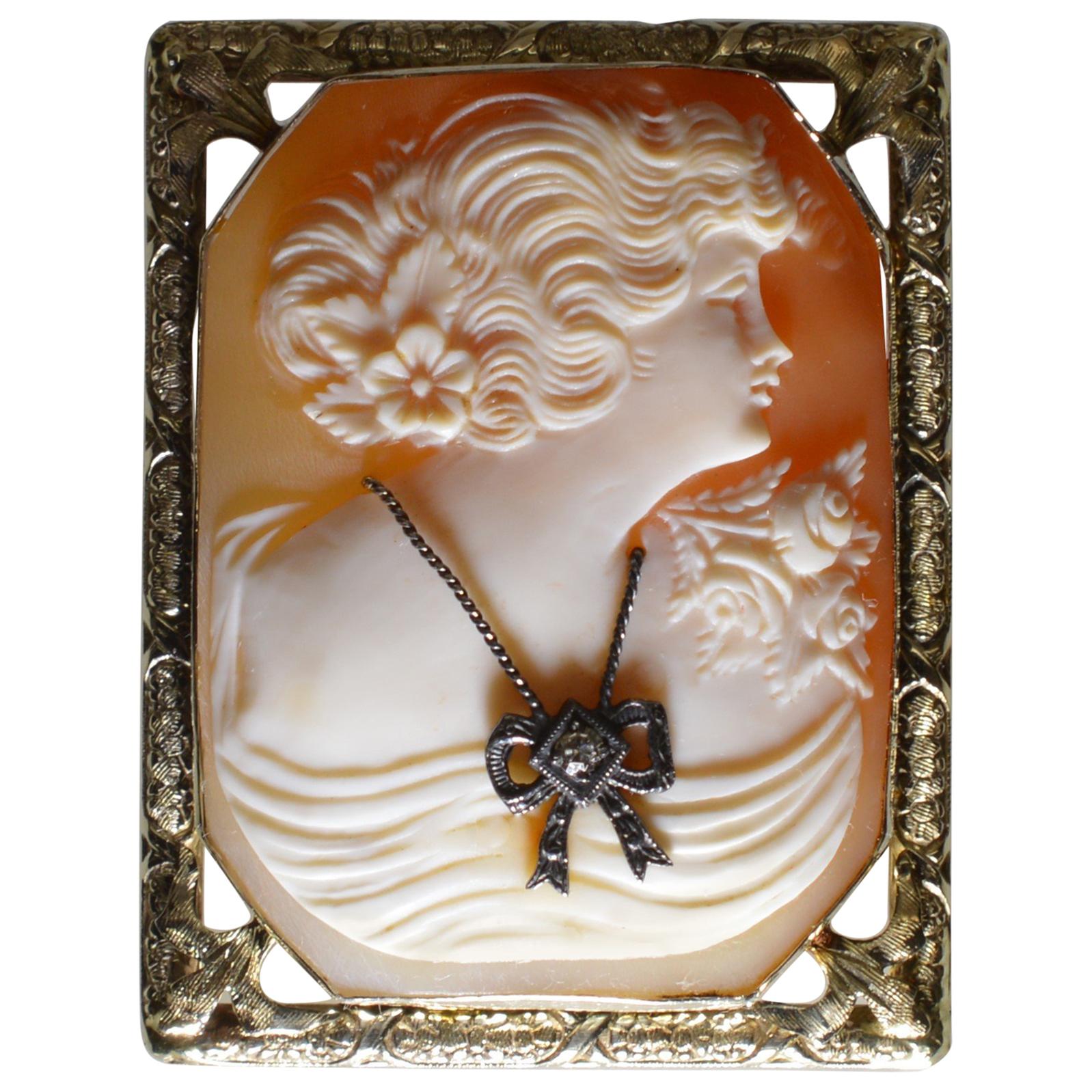 Carved Cameo Brooch Pendant 14K Rose Gold Frame w Diamond Accent