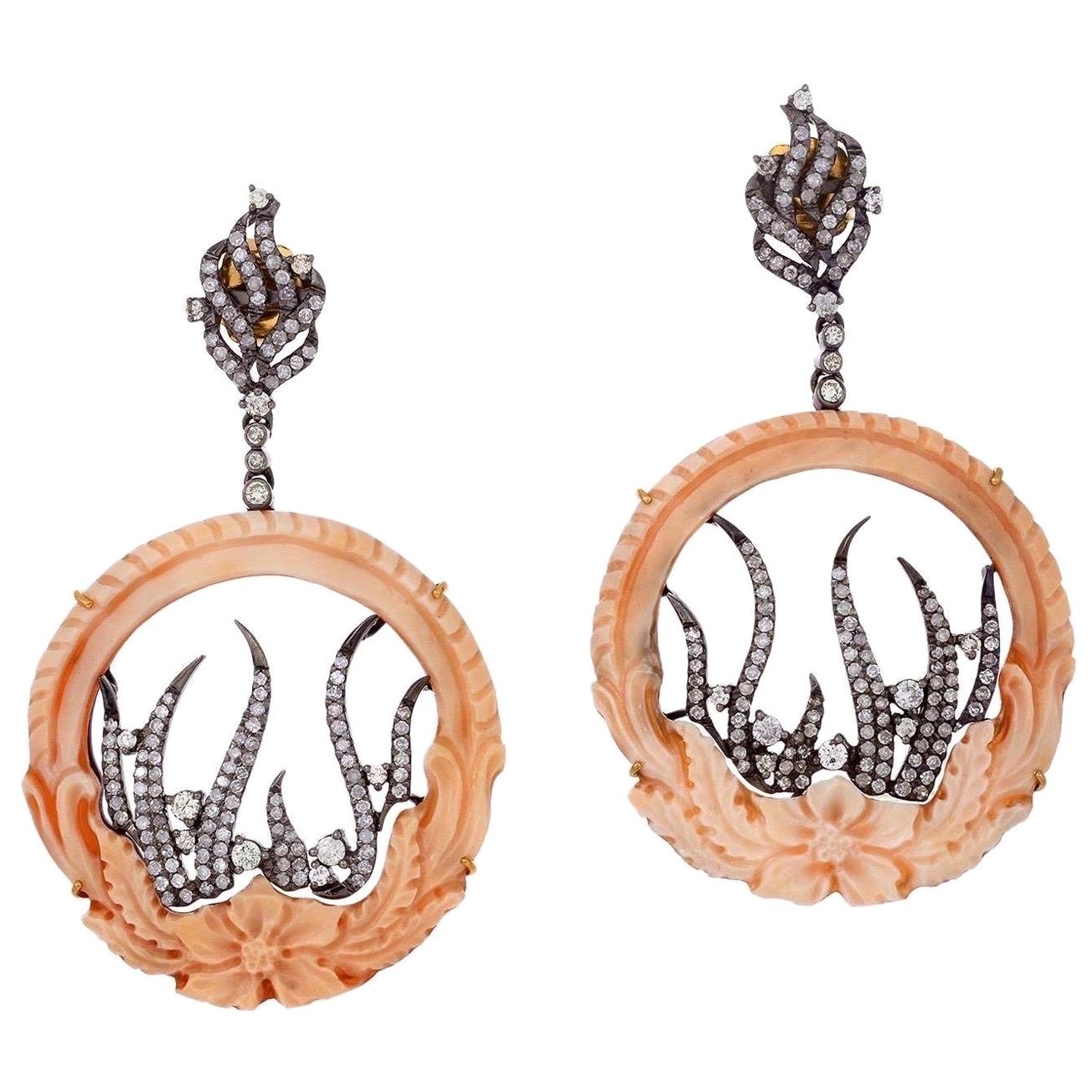 Hand Carved Cameo Diamond 18 Karat Gold Flame Earrings